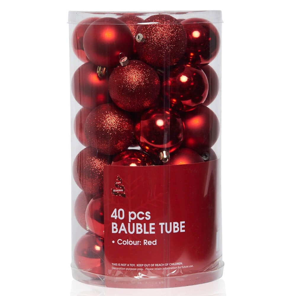 Christmas Sparkle Tube of 40 Shatterproof Baubles 6cm - Red - TJ Hughes