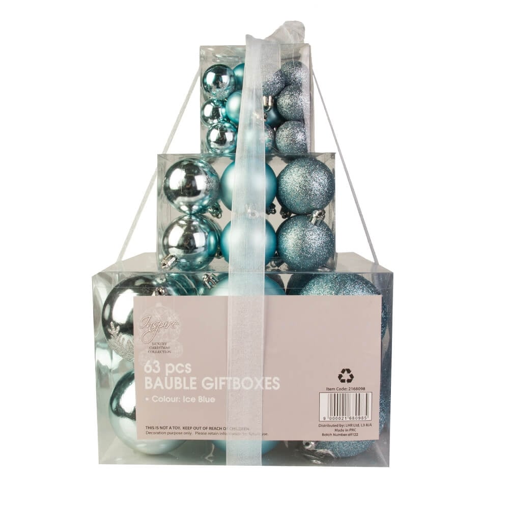 Christmas Sparkle Gift Box of 63 Baubles - Ice Blue  | TJ Hughes