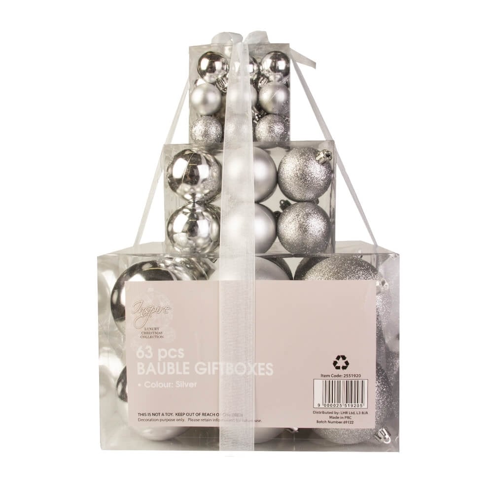 Christmas Sparkle Gift Box of 63 Baubles - Silver  | TJ Hughes