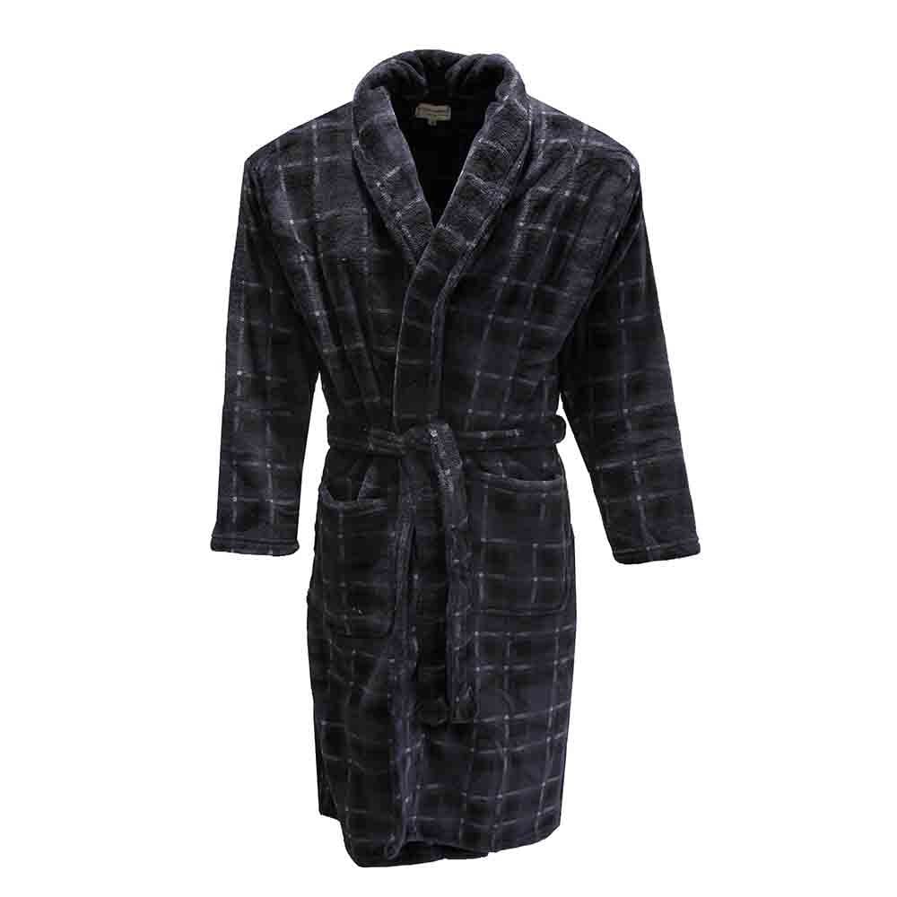 Mens Hutson Harbour Check Fleece Dressing Gown with Belt - Black - X-Large  | TJ Hughes