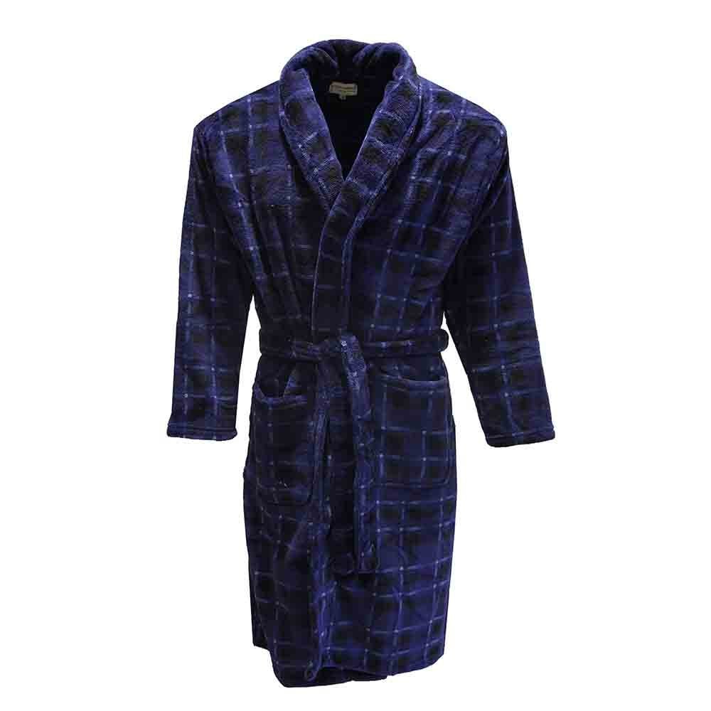 Mens Hutson Harbour Check Fleece Dressing Gown with Belt - Navy - Medium  | TJ Hughes Blue