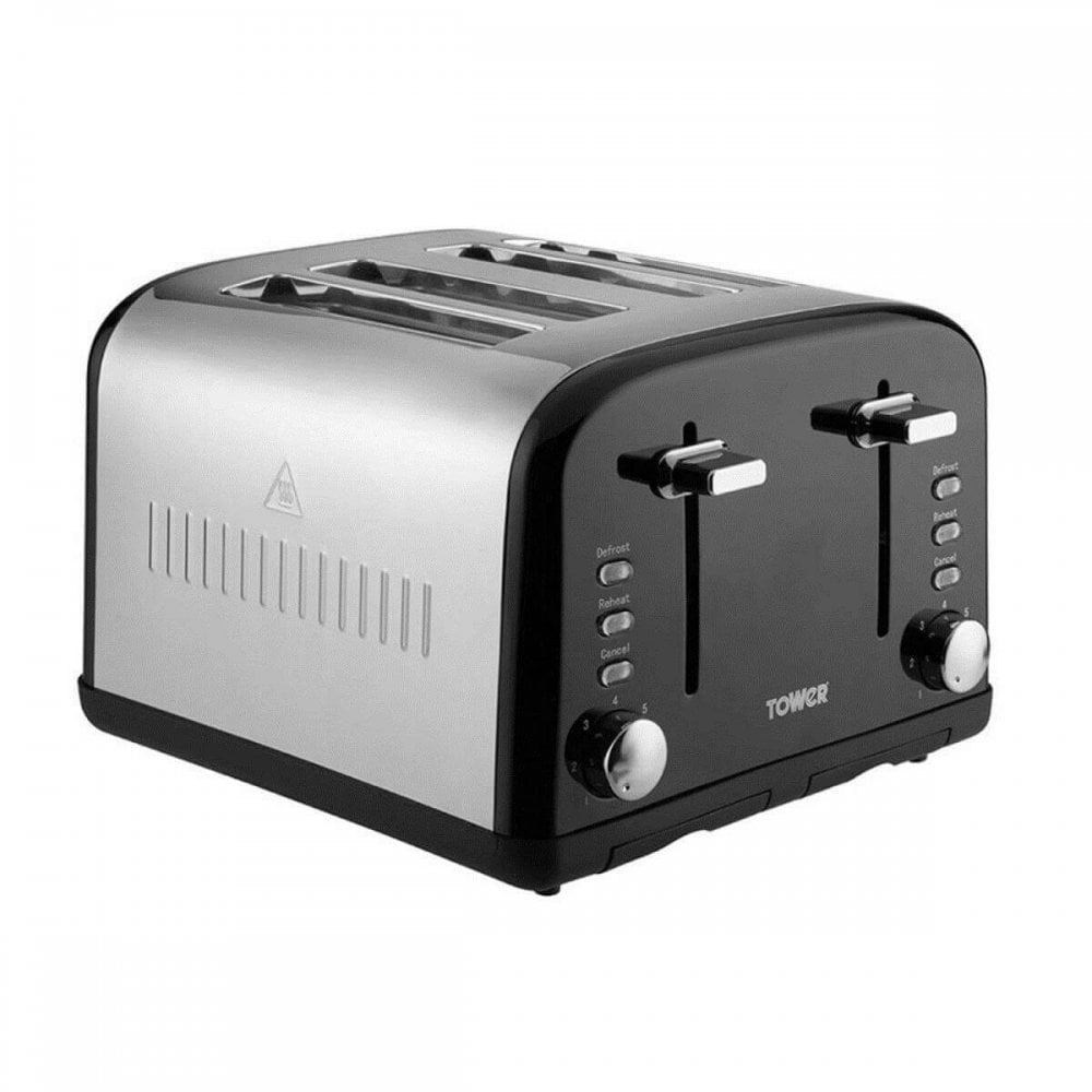 Tower 4 Slice Stainless Steel Toaster - Black