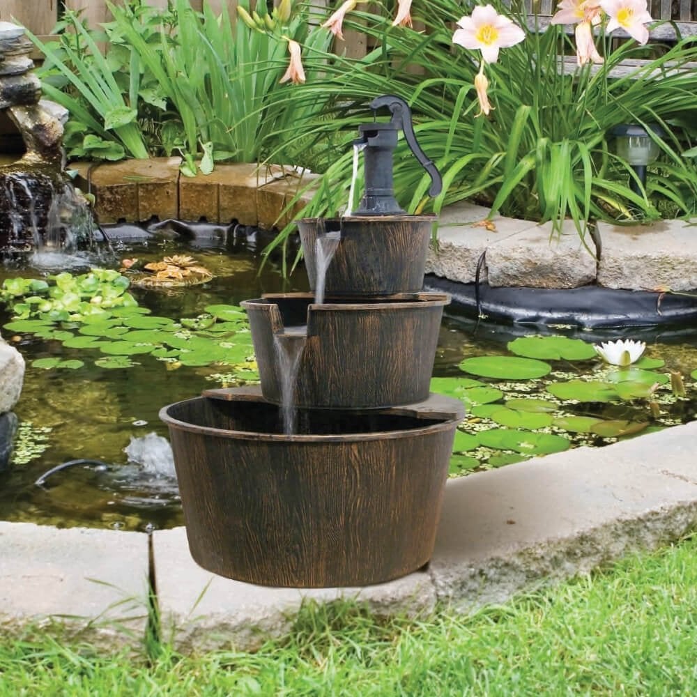 Silver & Stone Outdoor Water Feature 3 Tier Barrel Fountain 101 x 56cm  | TJ Hughes Brown