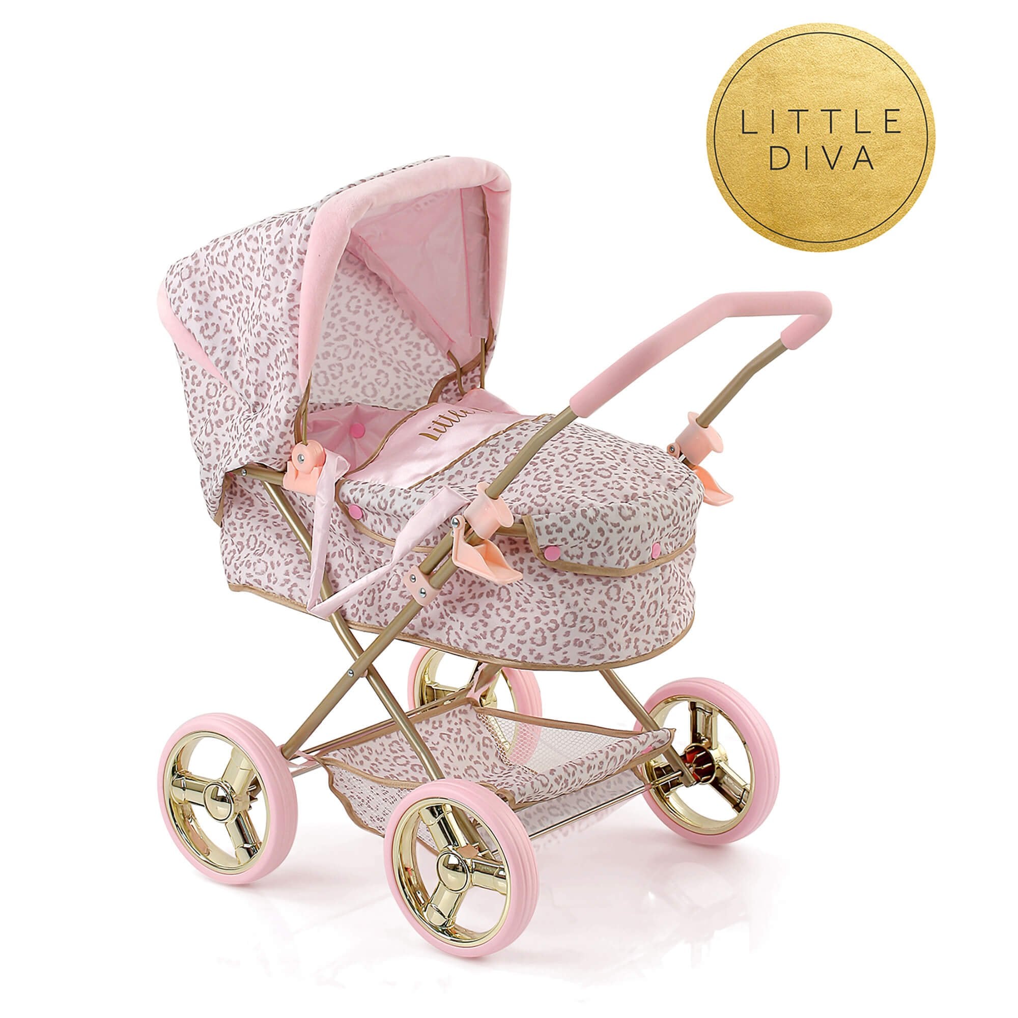 Hauck D86486 Gini Little Diva Removable Soft Bag and Toy Basket in Leopard Look, Folding Doll Pram, Pink/Gold, Normal