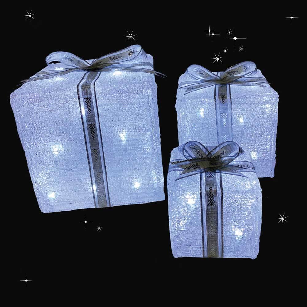 Christmas Sparkle Acrylic Gift Parcels Set of 3 with 60 White LEDS and Silver Bow  | TJ Hughes