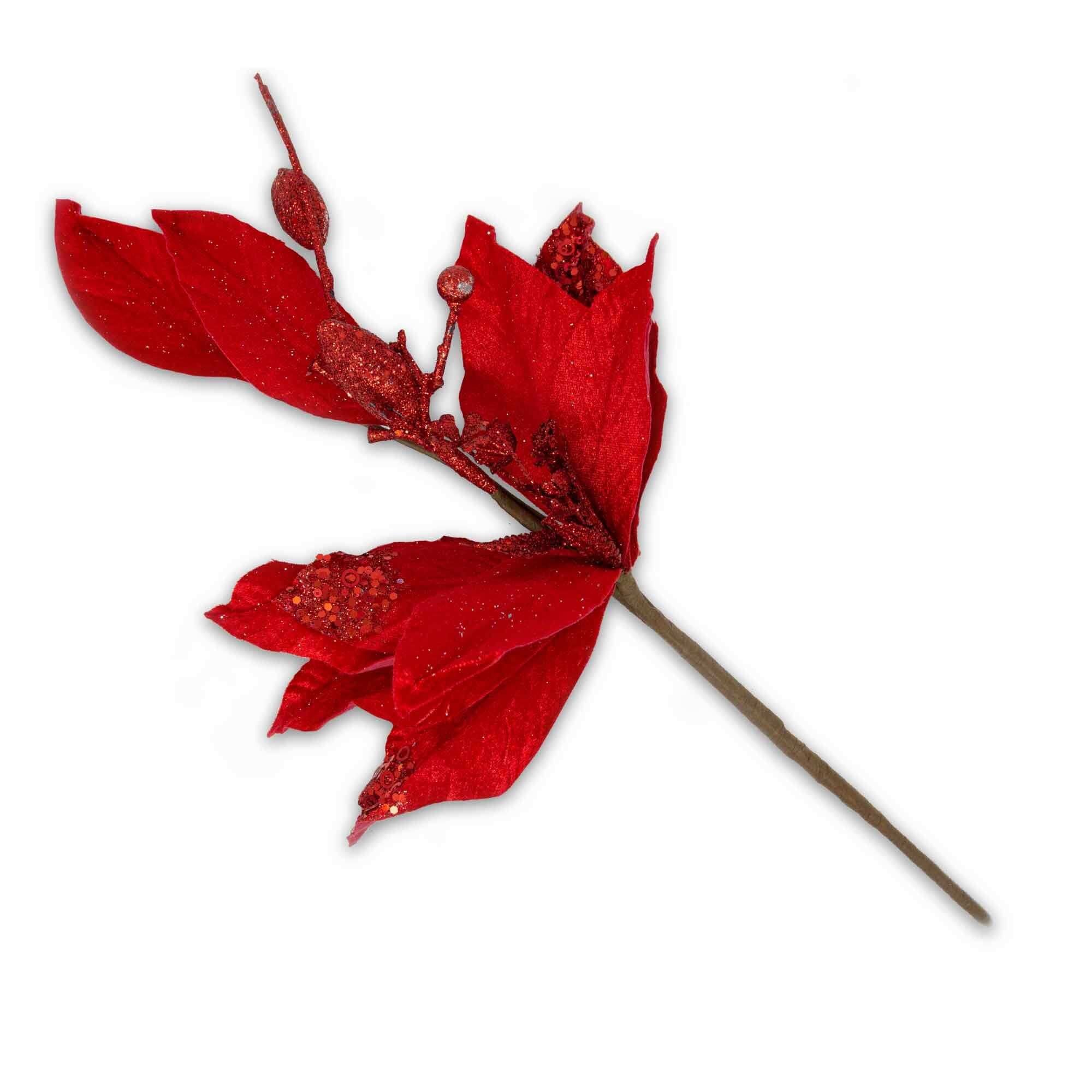 Christmas Sparkle Poinsettia Flower Decoration Stem Pick in Red  | TJ Hughes