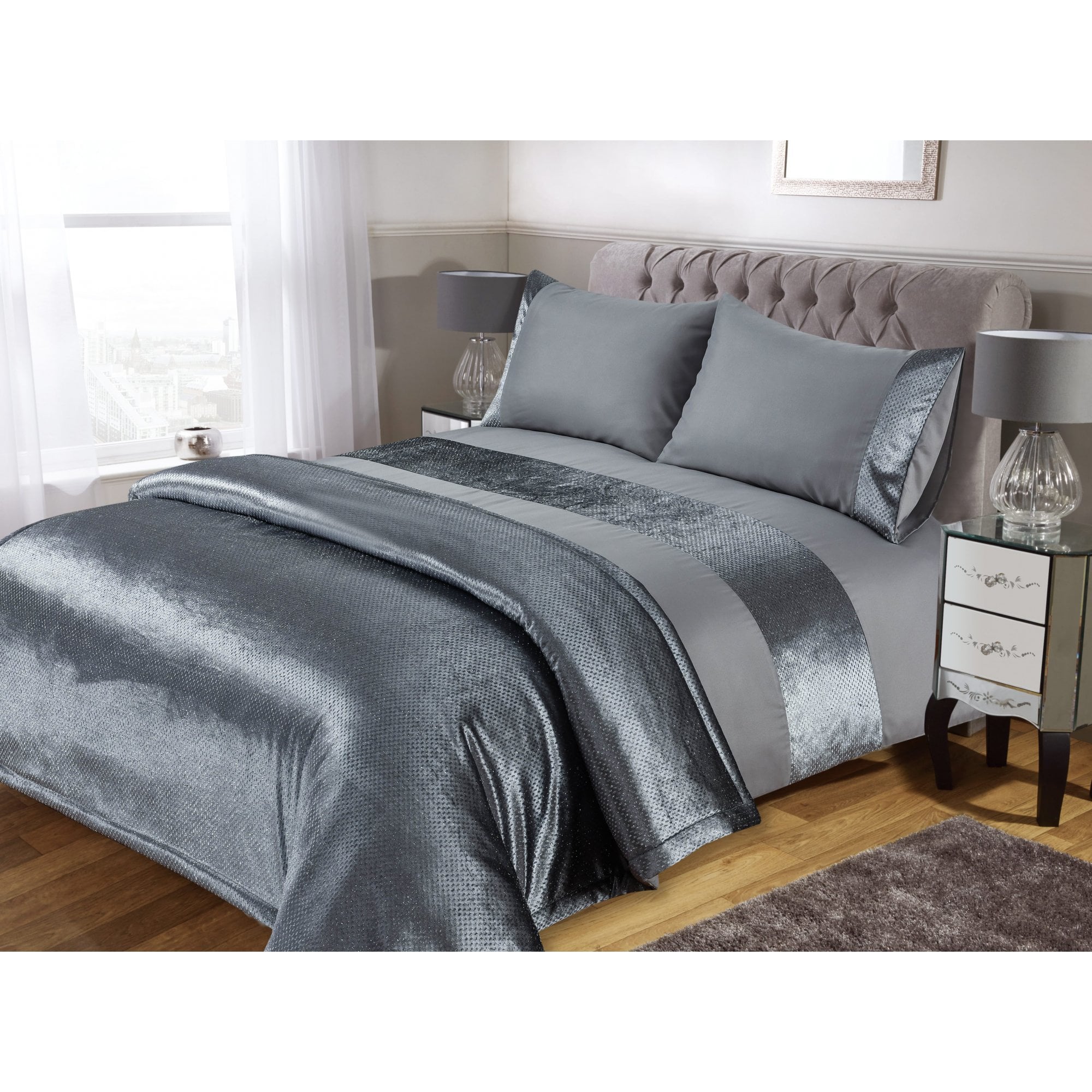 Lewis’s Sparkle Velvet Duvet Set -Silver - Single  | TJ Hughes Silver