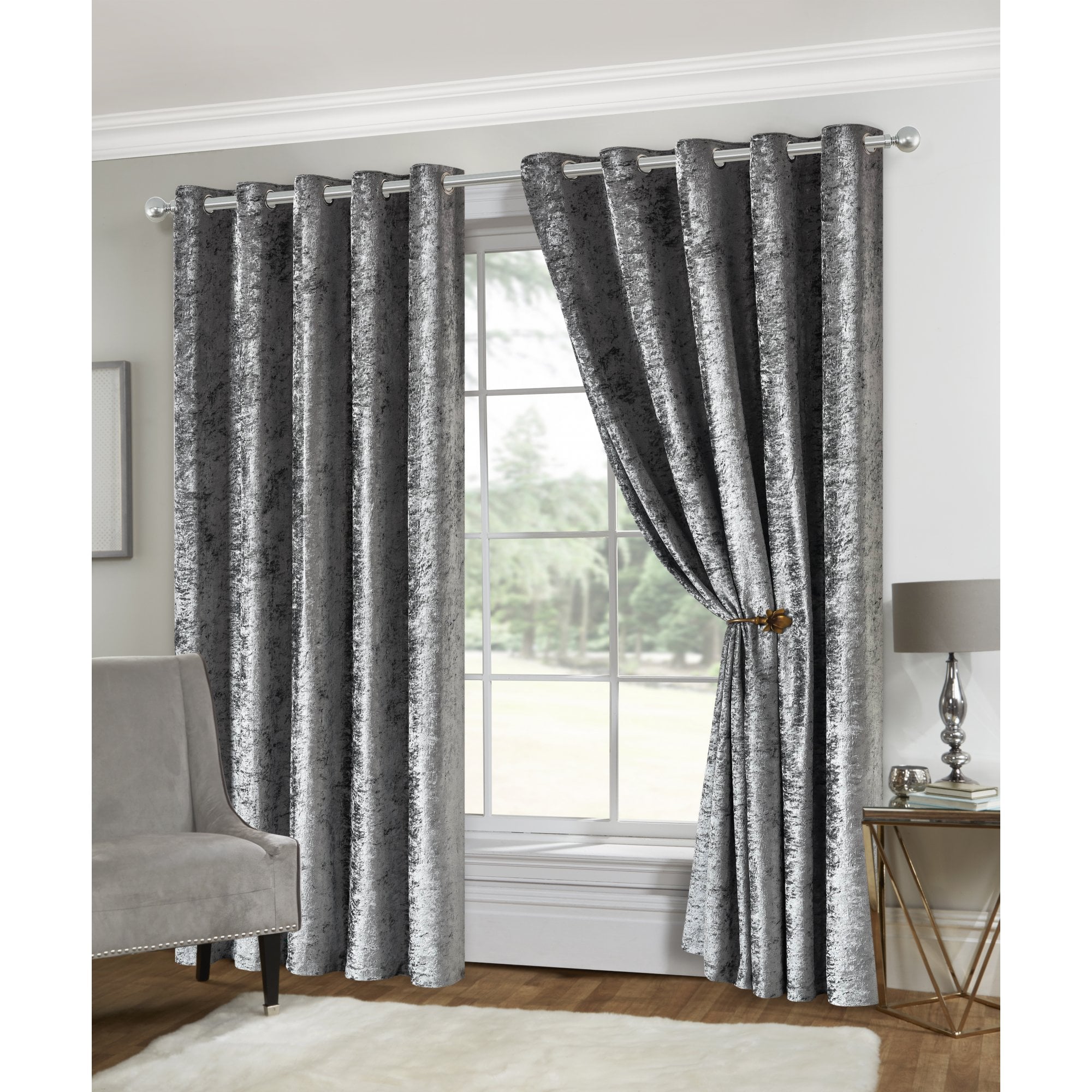 Lewis’s Amelia Crushed Velvet Eyelet Curtains - Silver - 117cm (46") X 183cm (72")  | TJ Hughes