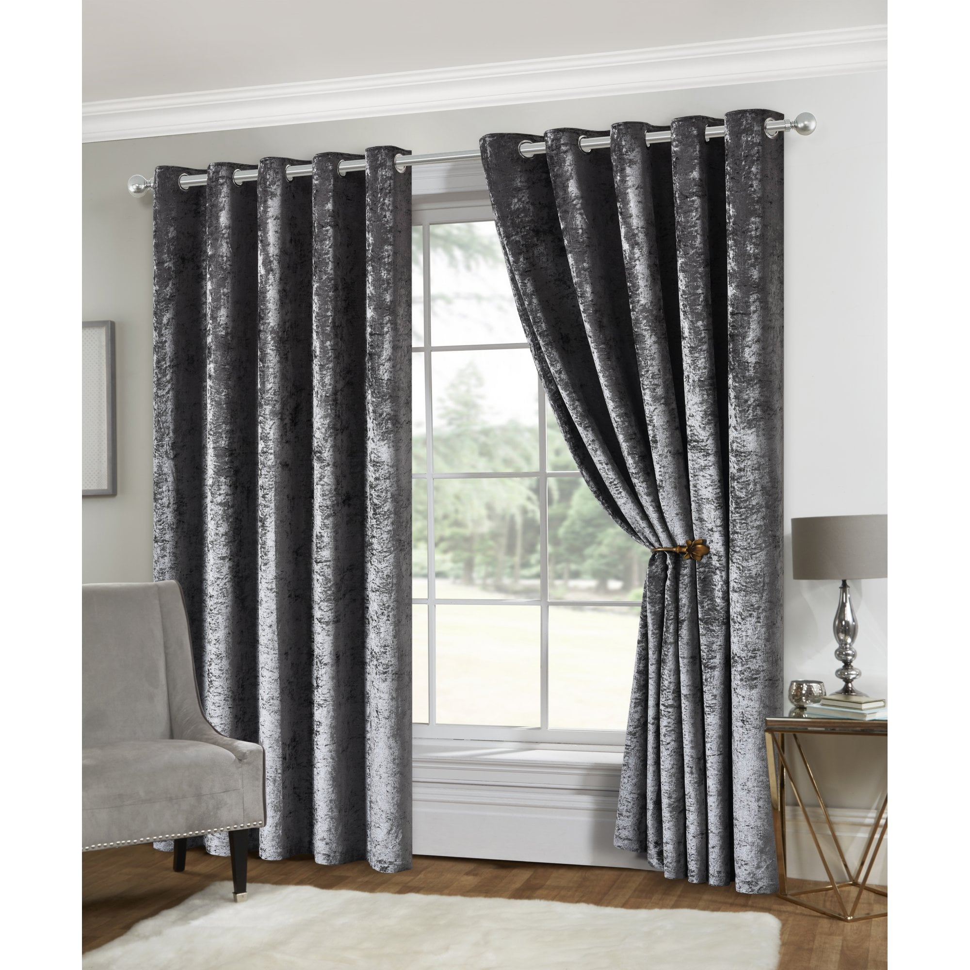 Amelia Eyelet Curtains - Crushed Velvet - Charcoal Grey - 117cm (46") X 229cm (90") - Lewis’s  | TJ Hughes