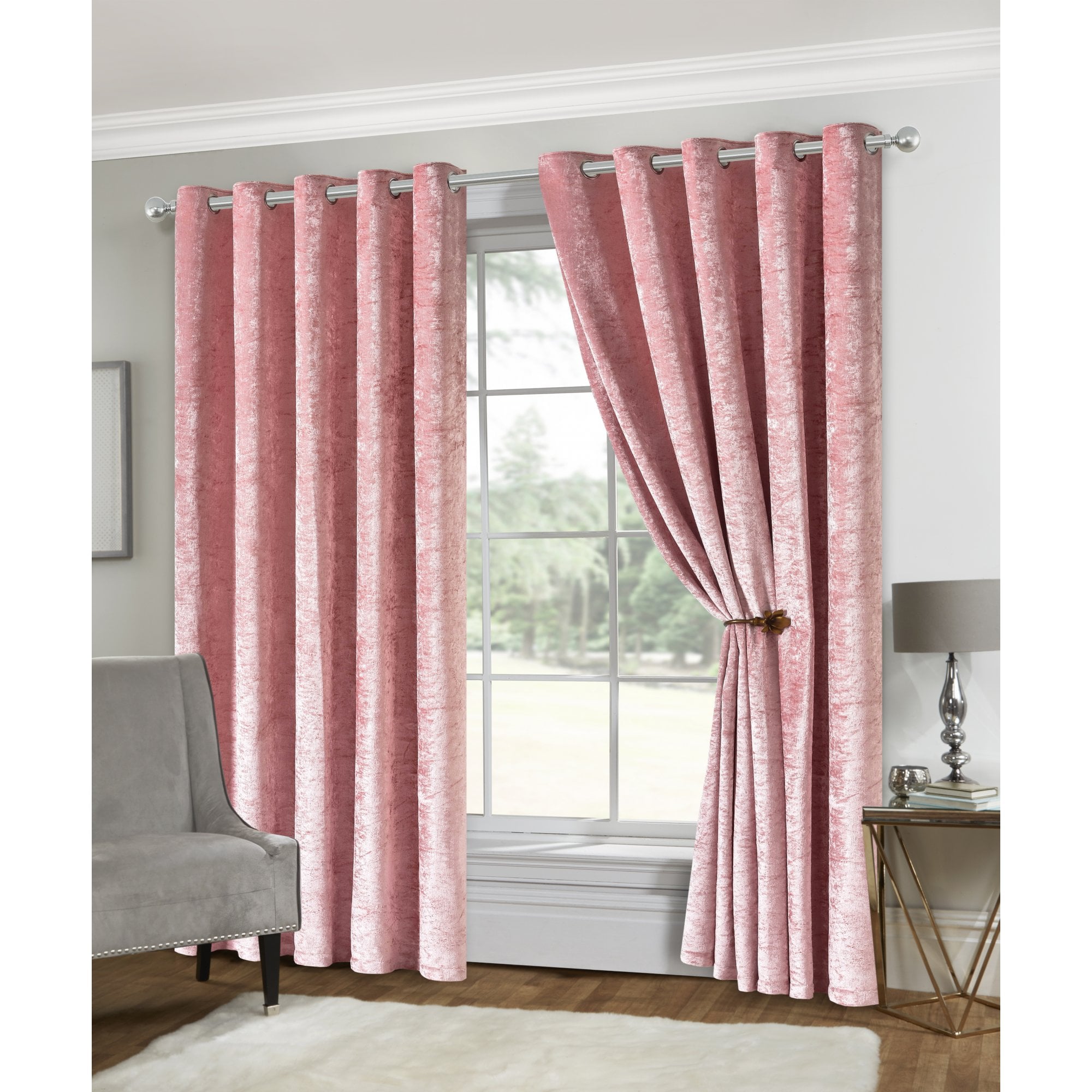 Lewis’s Amelia Crushed Velvet Eyelet Curtains - Blush Pink - 117cm (46") X 229cm (90")  | TJ Hughes