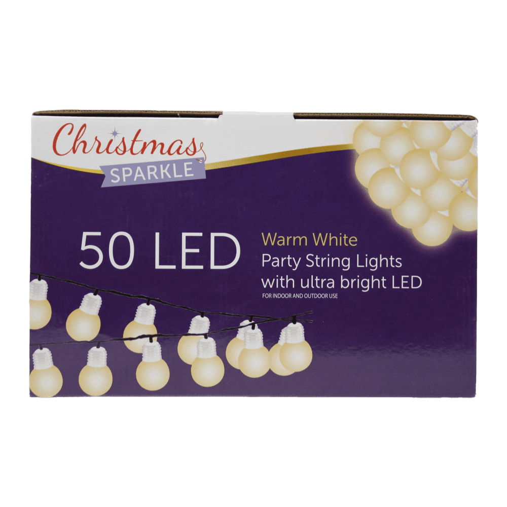 Christmas Sparkle Outdoor and Indoor Party String Bulbs with 50 Ultra bright LEDS in Warm White with Green Cable  | TJ Hughes