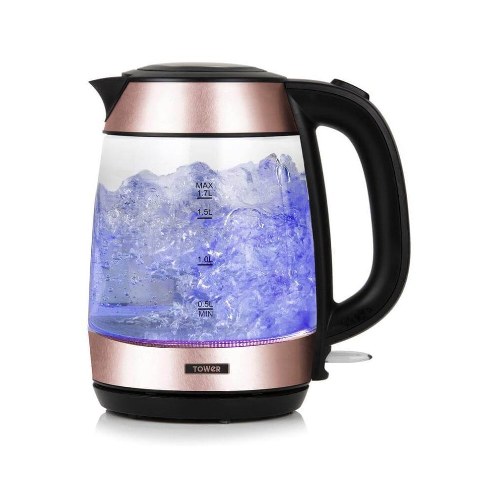 Tower 1.7L 3000W Rose Gold Glass Kettle - Black/Rose Gold