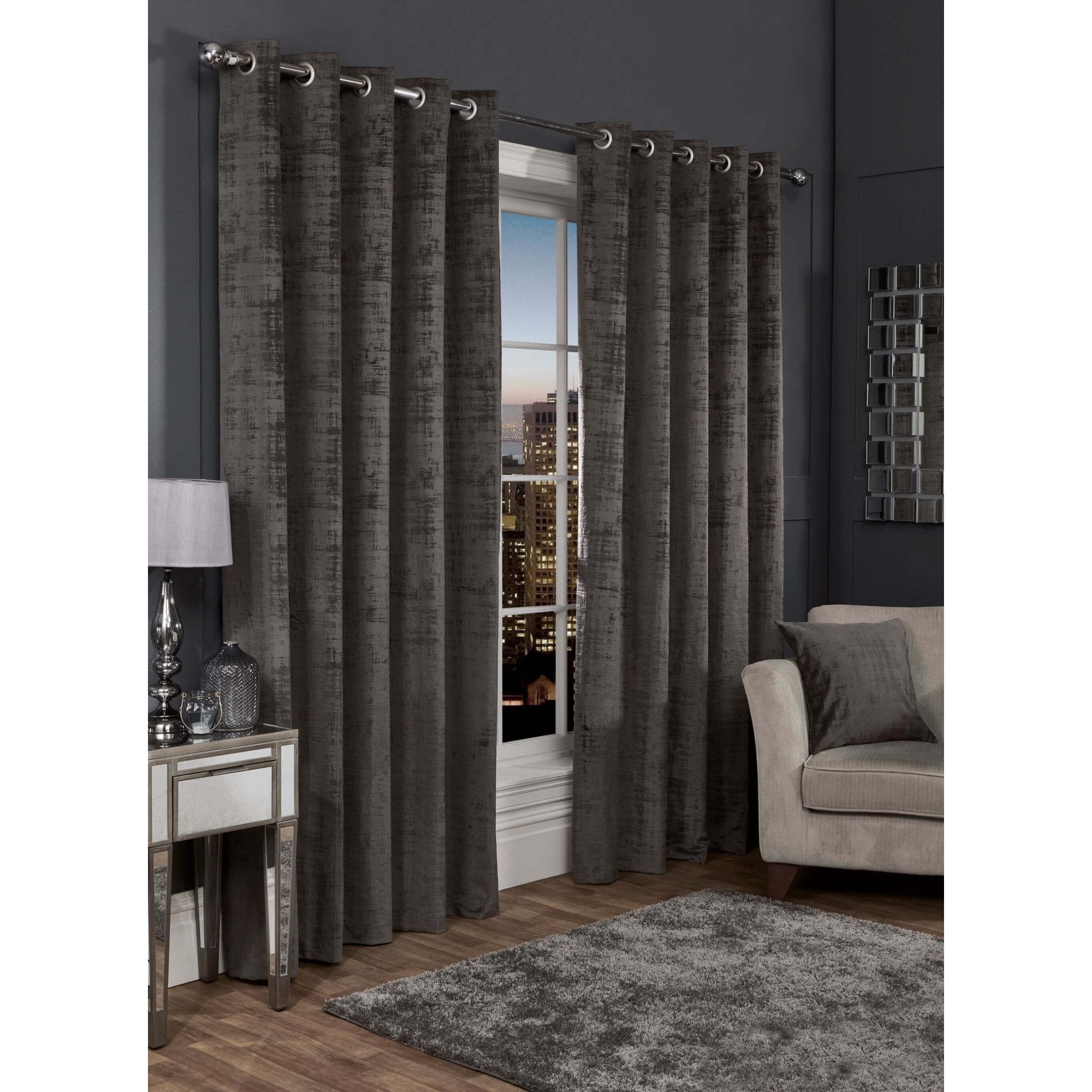 Lewis’s Florence Distressed Velvet Eyelet Curtains - Charcoal Grey - Cushion  | TJ Hughes