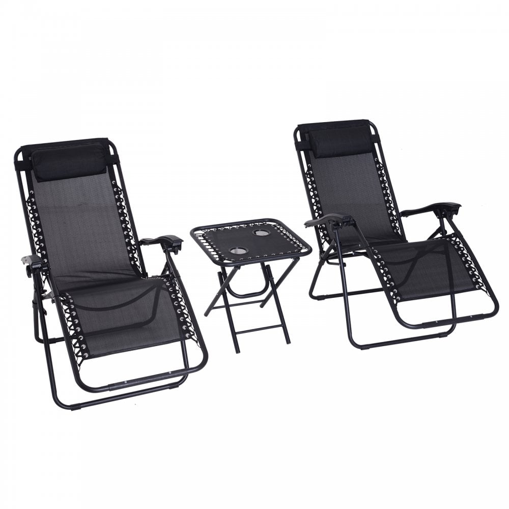 Outsunny-2 Piece Foldable Reclining Loungers With Side Table - Black  | TJ Hughes Outsunny
