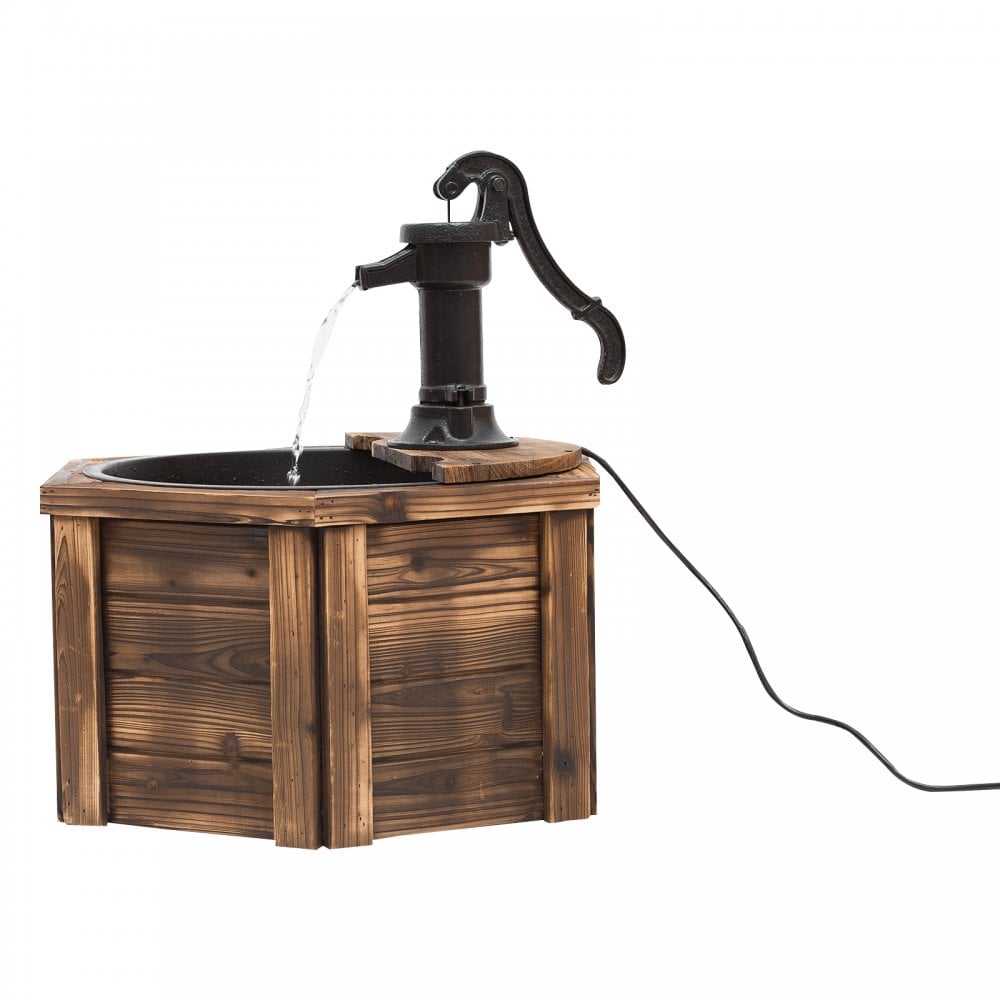 Outsunny Wooden Electric Water Fountain Garden Ornament w/ Hand Pump Plastic Well Classic Water Pump Feature  | TJ Hughes