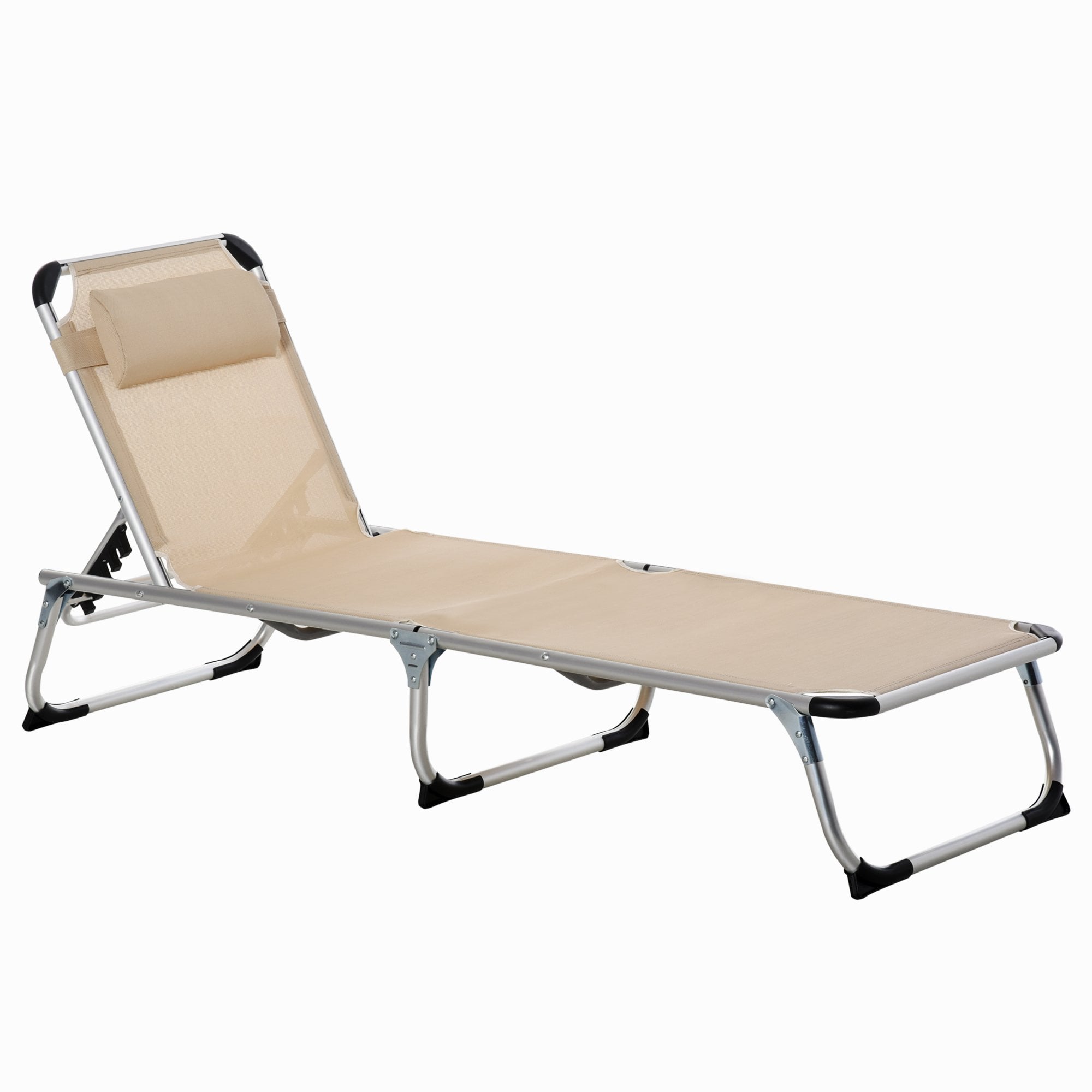 Outsunny Folding Reclining Sun Lounger With Pillow - Khaki  | TJ Hughes