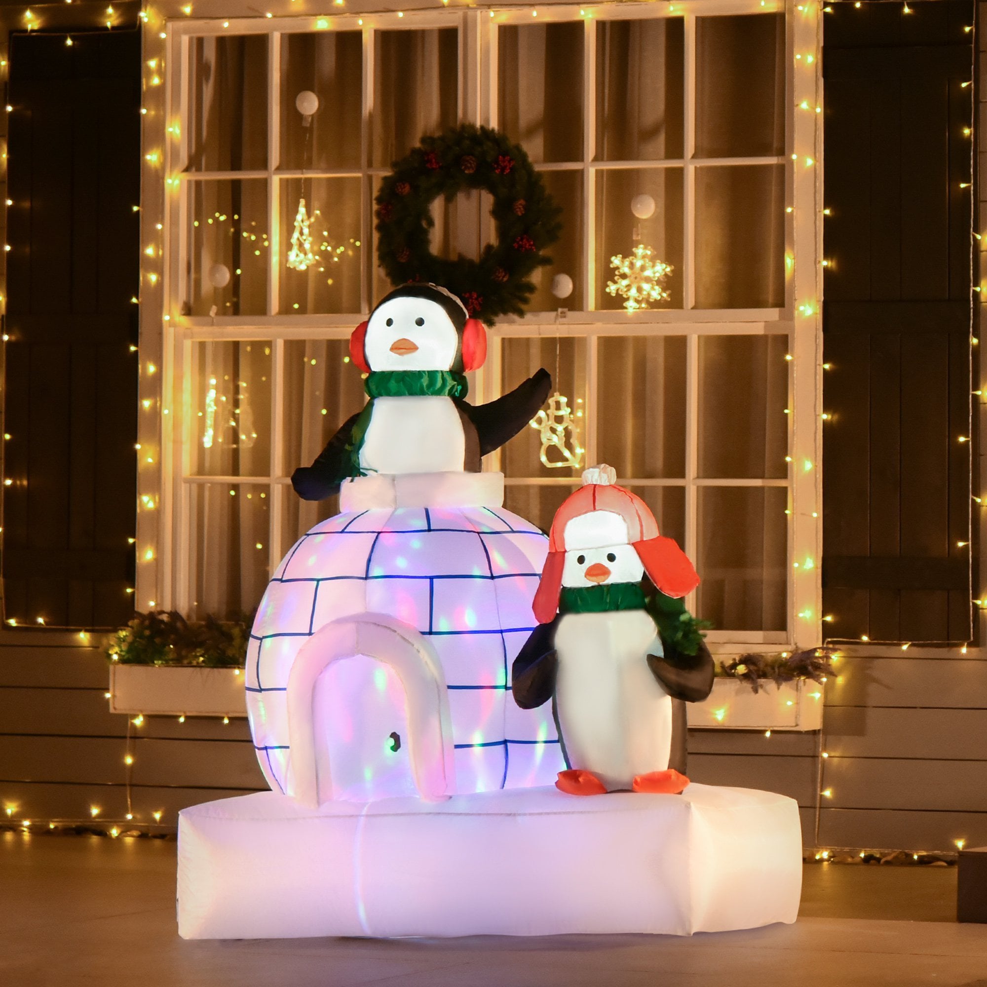 Christmas Time 1.5m Lighted Christmas Inflatable Two Penguins w/ Ice House in Garden  | TJ Hughes