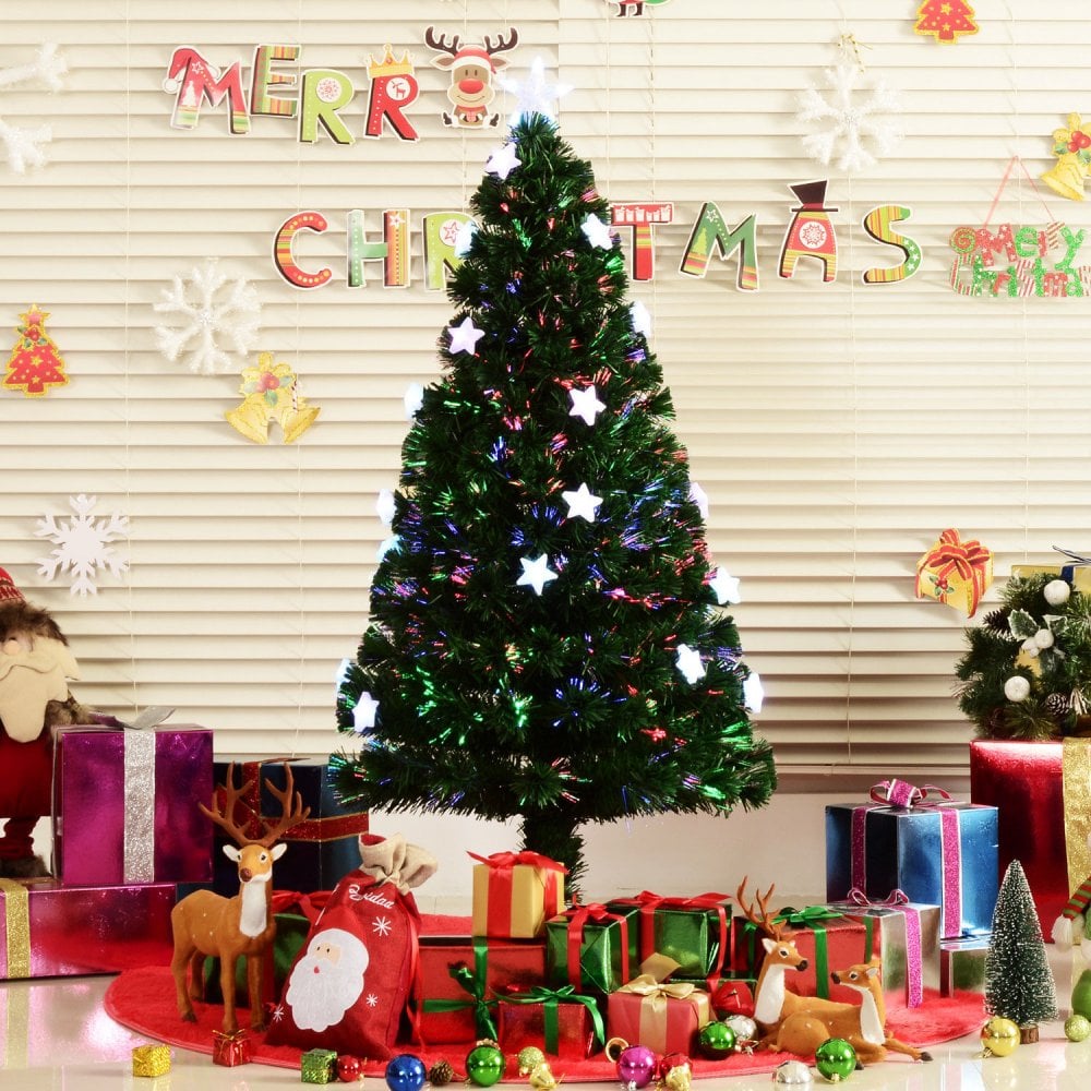 Christmas Time 5ft 150cm Fibre Optic Artificial Christmas Tree W/ Stars Lights-Green  | TJ Hughes Green