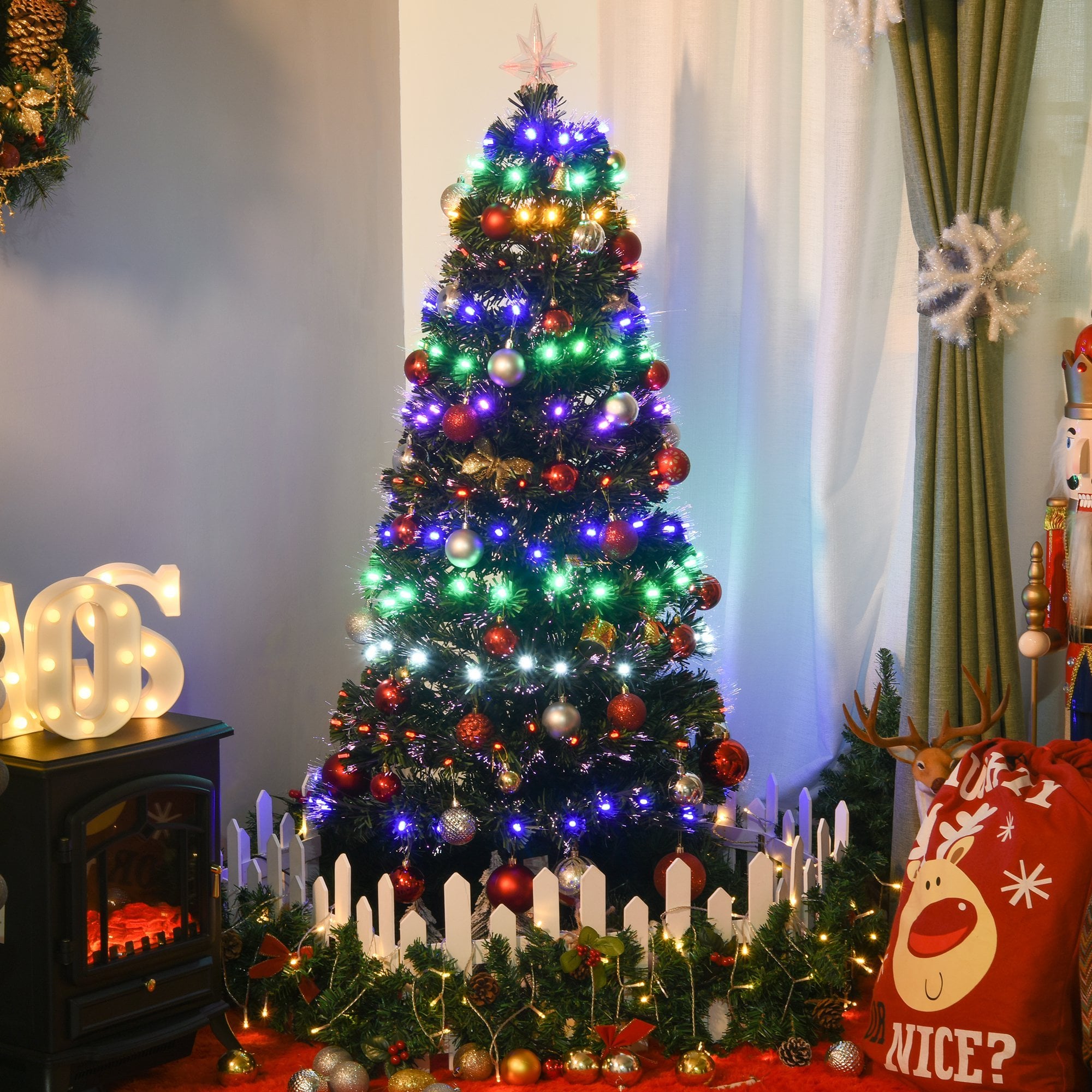 Christmas Time 5ft Pre-Lit Fiber Optic Christmas Tree w/ Star Tree Topper - Solid Metal Base - 170 Branch Tips - 6 Color LED Lights Home Decoration  |