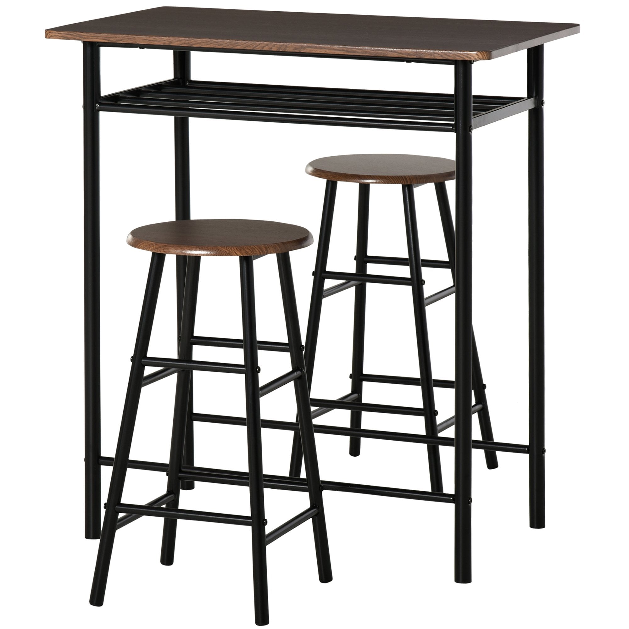 HOMCOM Bar Table Set - Bar Table and Stools Set - Footrest and Storage Shelf - for Kitchen - Dining Room - Pub - Cafe - Black and Oak  | TJ Hughes