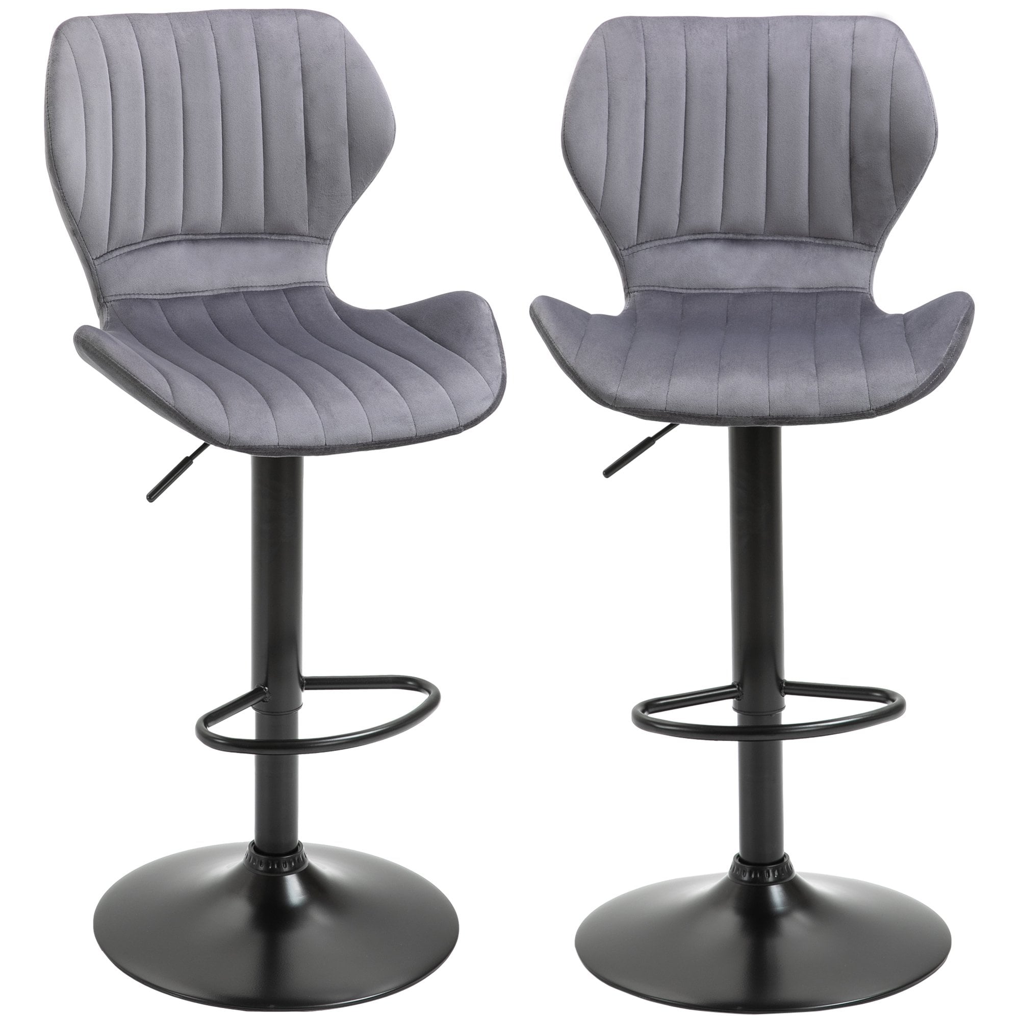 HOMCOM Bar Stool Set of 2 Velvet-Touch Fabric Adjustable Height Swivel Counter Chairs with Footrest - Grey  | TJ Hughes