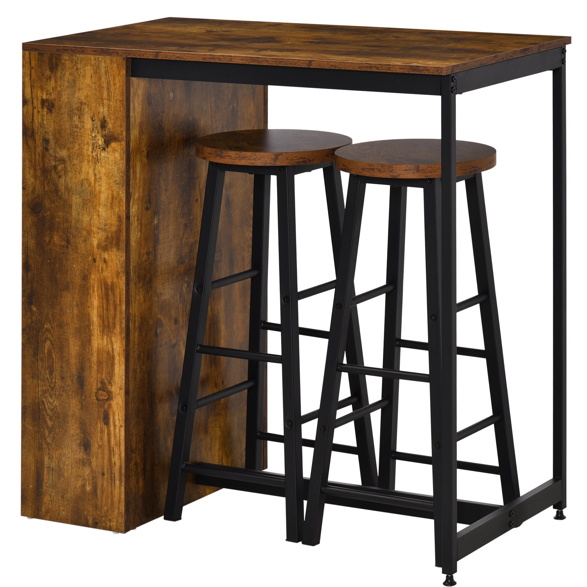 3 Piece Industrial Style Bar Table Set - Table and 2 Stools with Storage Shelf for Kitchen - Living Room - Coffe Shop - Rustic Brown - Home Living  |