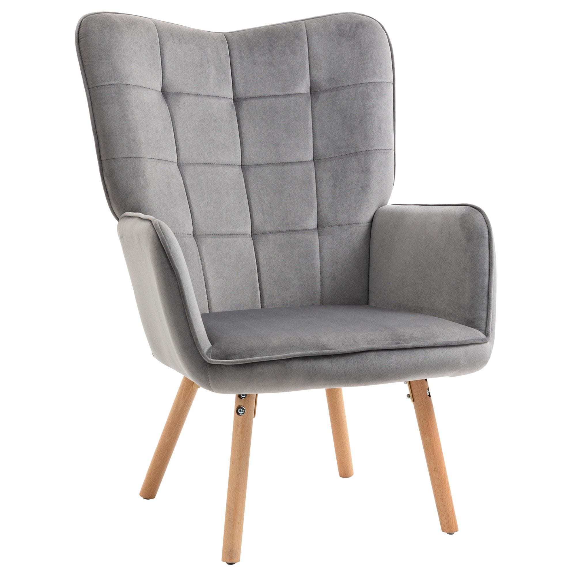 Modern Accent Chair Velvet-Touch Tufted Wingback Armchair Upholstered Leisure Lounge Sofa Club Chair with Wood Legs - Grey Armchair - Home Living  | T