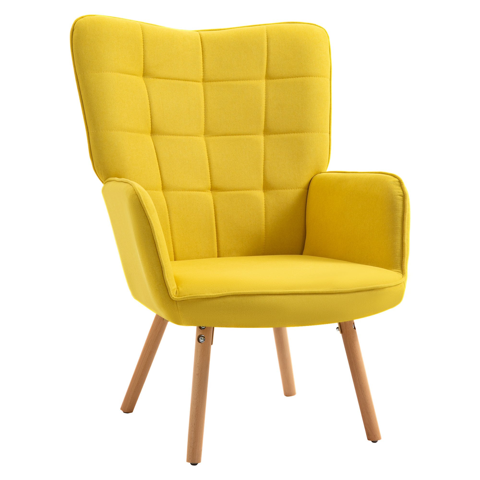 Modern Accent Chair Velvet-Touch Tufted Wingback Armchair Upholstered Leisure Lounge Sofa Club Chair with Wood Legs - Yellow Armchair - Home Living  |