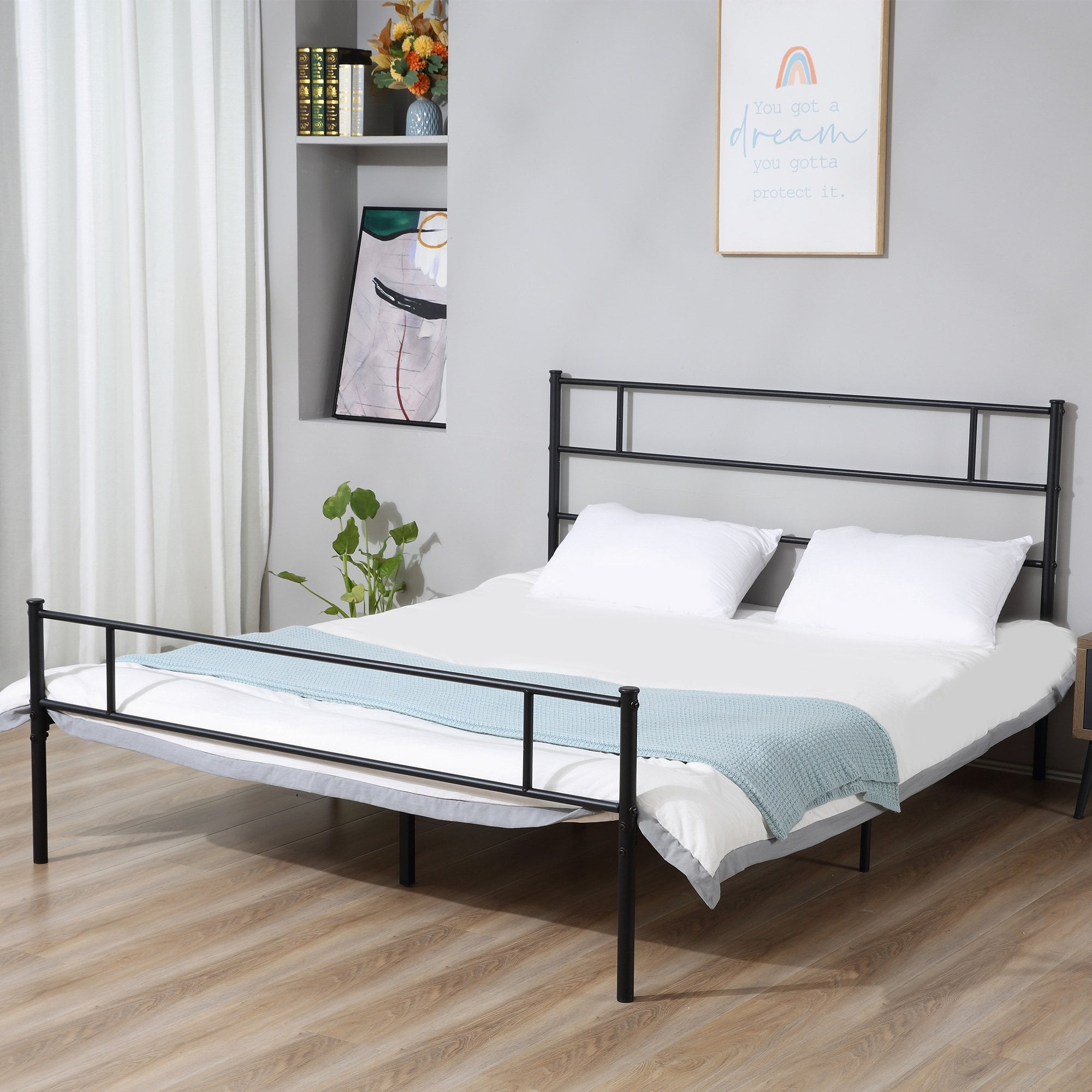 Double Metal Bed Frame Solid Bedstead Base with Headboard and Footboard - Metal Slat Support and Underbed Storage Space - Bedroom Furniture & - Home L