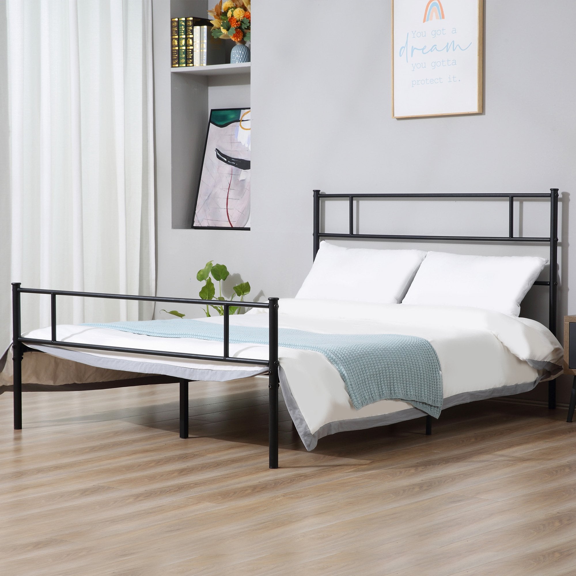 King Metal Bed Frame Solid Bedstead Base with Headboard and Footboard - Metal Slat Support and Underbed Storage Space - Bedroom Furniture w/ Space - H