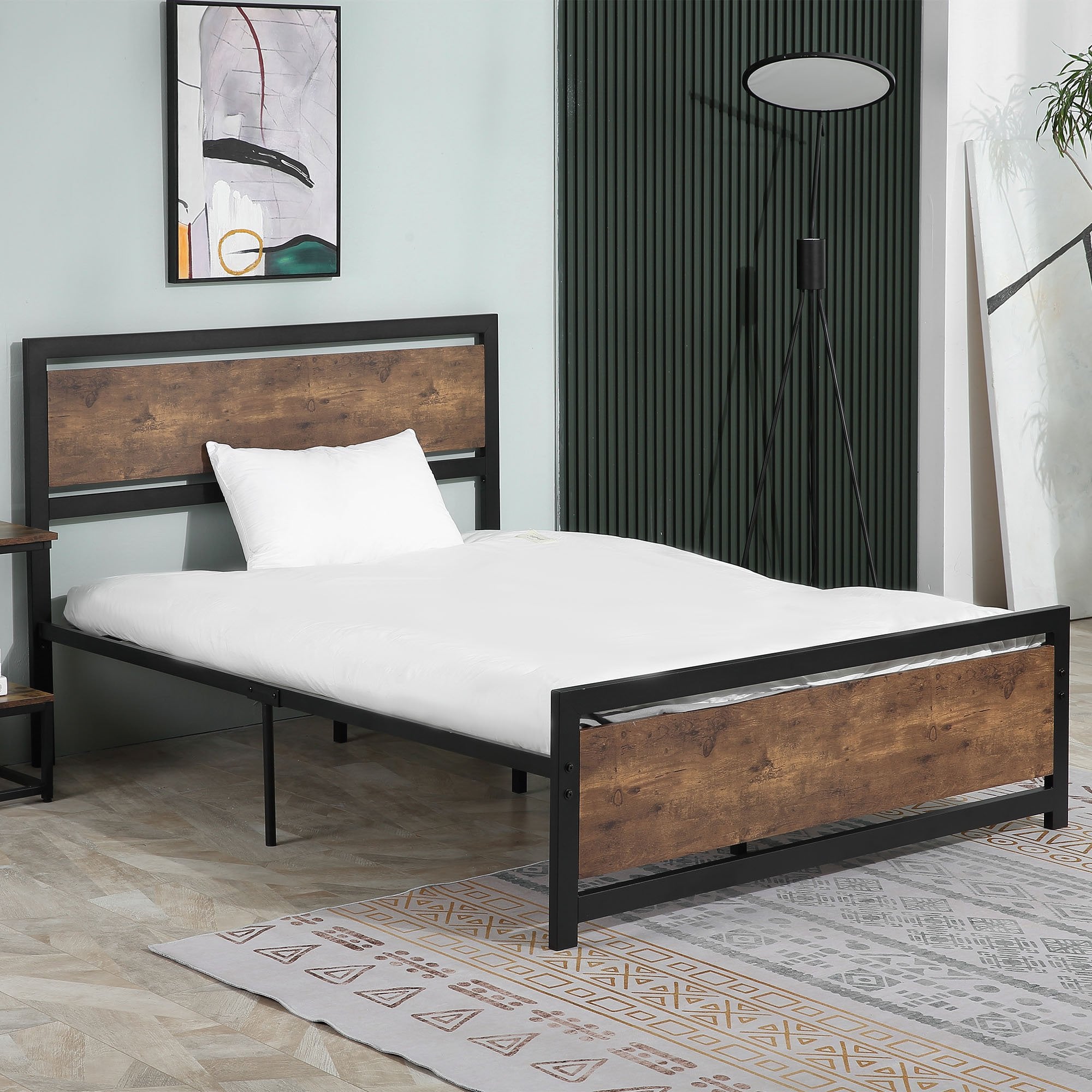 Full Bed Frame with Headboard & Footboard - Strong Slat Support Twin Size Metal Bed w/ Underbed Storage Space - No Box Spring Needed - 144x195x103cm H