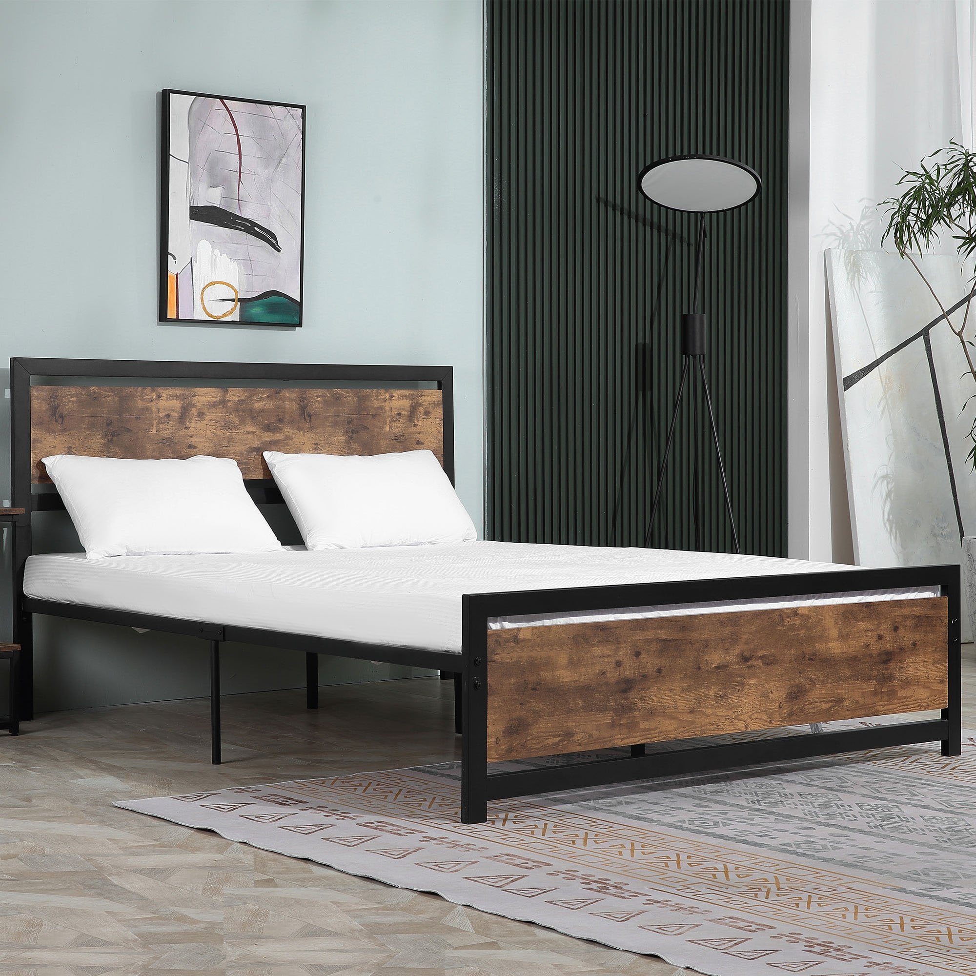 Full Bed Frame with Headboard & Footboard - Strong Slat Support Twin Size Metal Bed w/ Underbed Storage Space - No Box Spring Needed - 160x208x103cm H