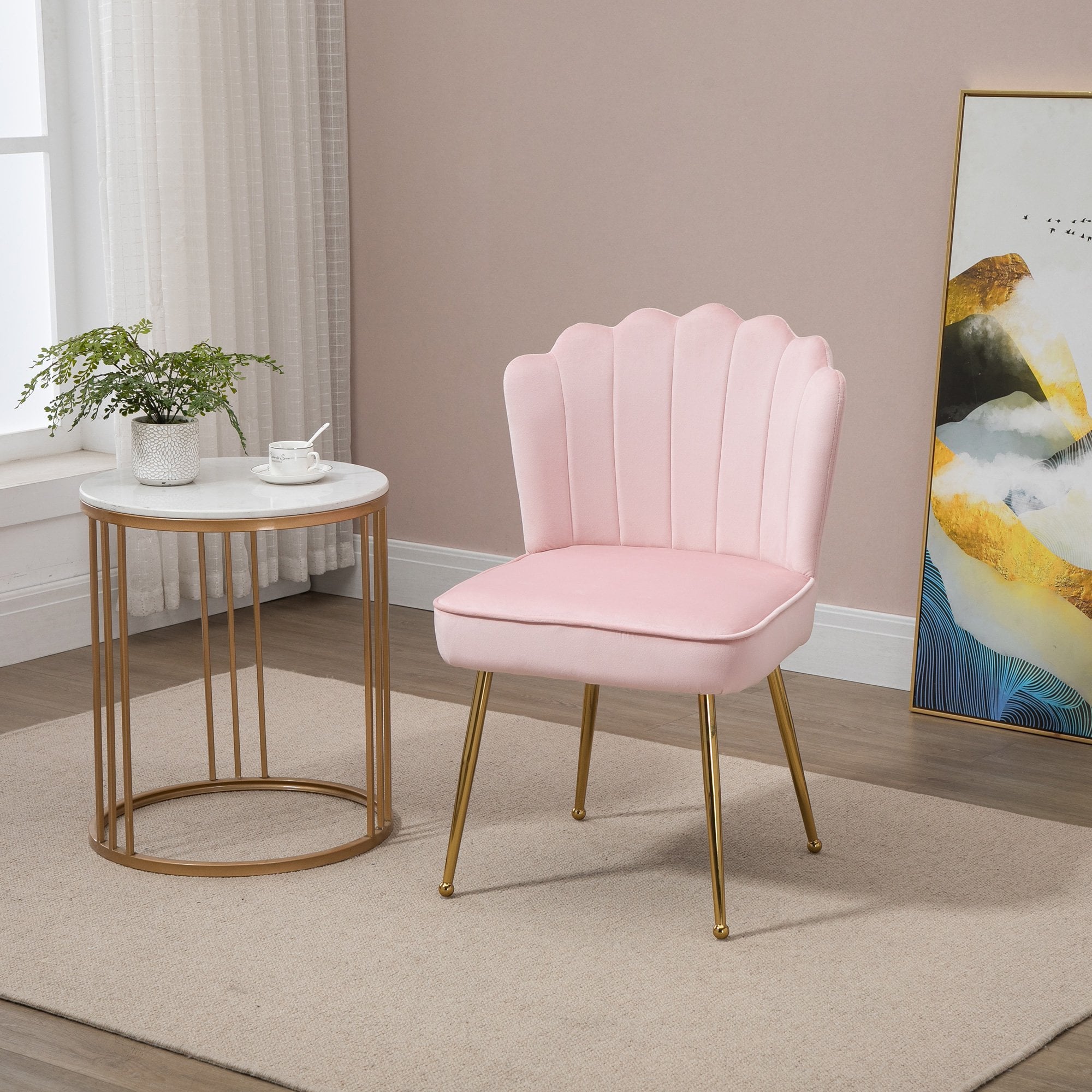 Accent Chair Velvet-Touch Vanity Chair Makeup Chair with Golden Metal Legs for Living Room & Dining Room - Pink - Home Living  | TJ Hughes
