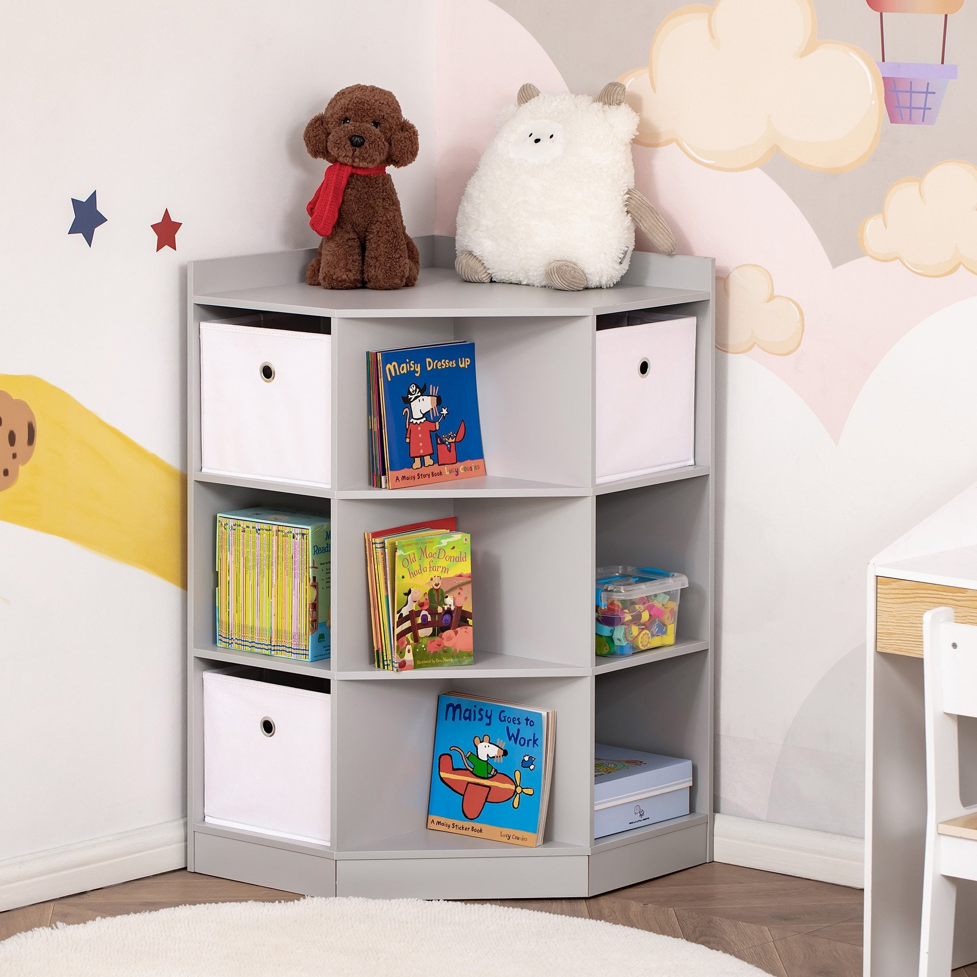 Kids Storage Cabinet Corner Toy Storage Organizer Children Bookcase Rack for Children’s Play Room/Bedroom with Anti-tipping Hardware Drawers - Grey Dr