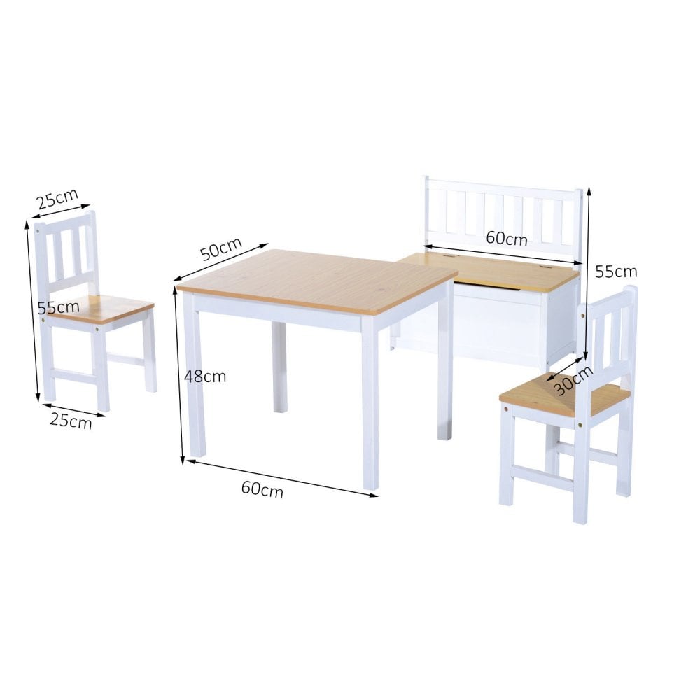 Pine Wood Kids 4Pc Wooden Furniture Set Children Table 2 Chairs Toy Storage Bench Seat-oak/White  | TJ Hughes White