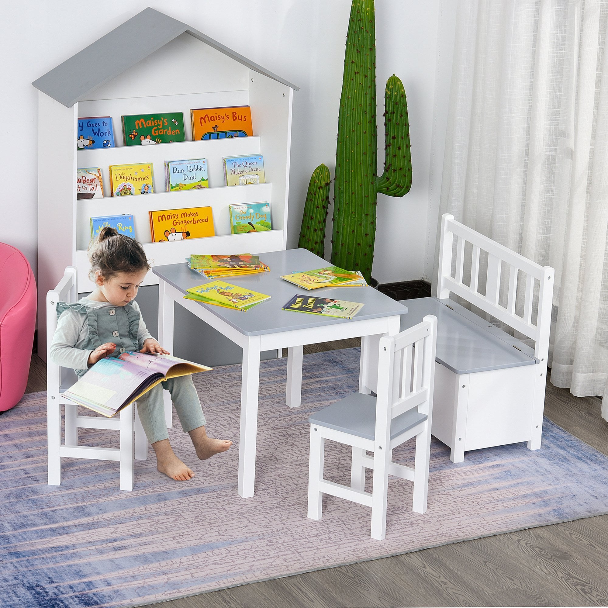 4-Piece Kids Table Set with 2 Wooden Chairs - 1 Storage Bench - and Interesting Modern Design - Grey/White w/ Function 3 Years+  | TJ Hughes White