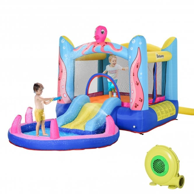 Outsunny Kids Bounce Castle House Inflatable Trampoline Slide Water Pool 3 in 1 with Inflator for Kids Age 3-12 Octopus Design w/ Carrybag  | TJ Hughe