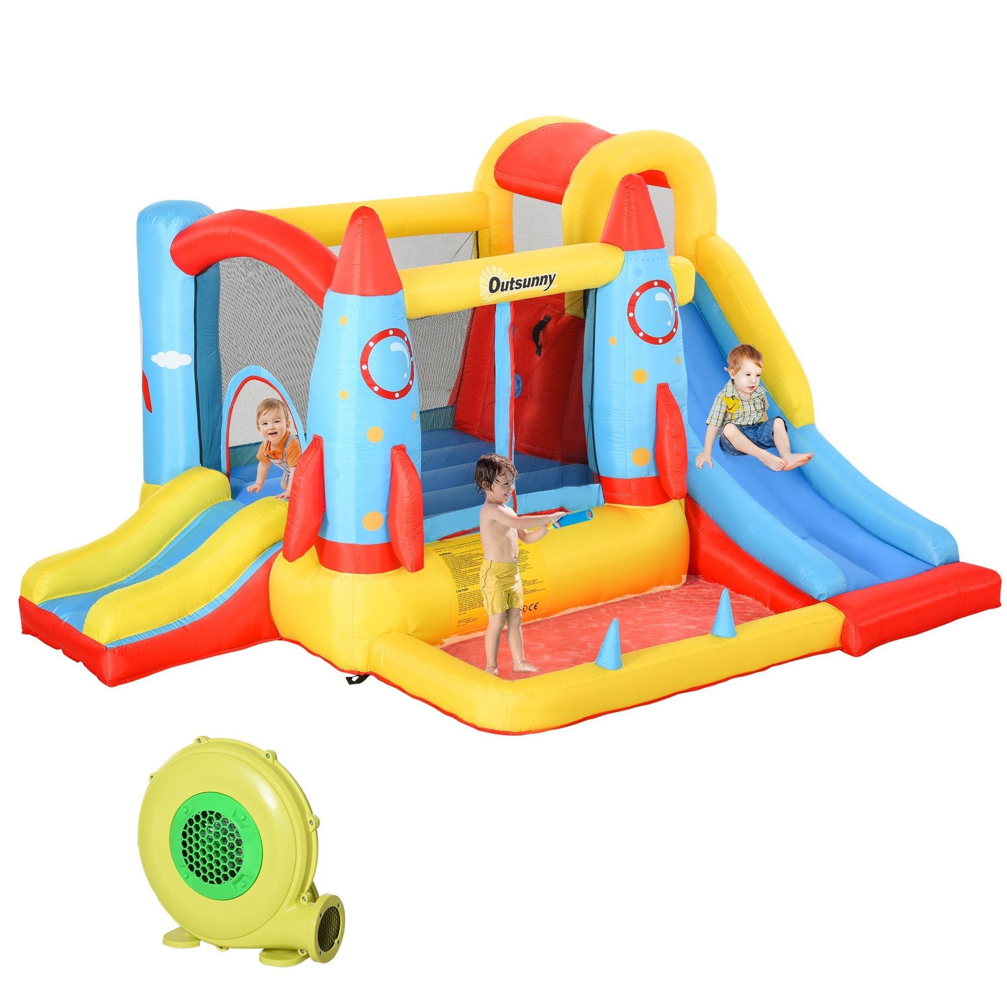 Outsunny Kids Bounce Castle House - 3 in 1 Water Slide and Pool with Inflator - Rocket Design with Carrybag  | TJ Hughes