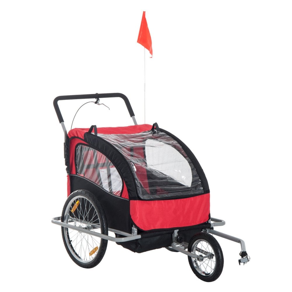 HOMCOM Collapsible Bike Trailer 2-Seater Child Stroller Baby Jogger with Pivot Wheel-Red