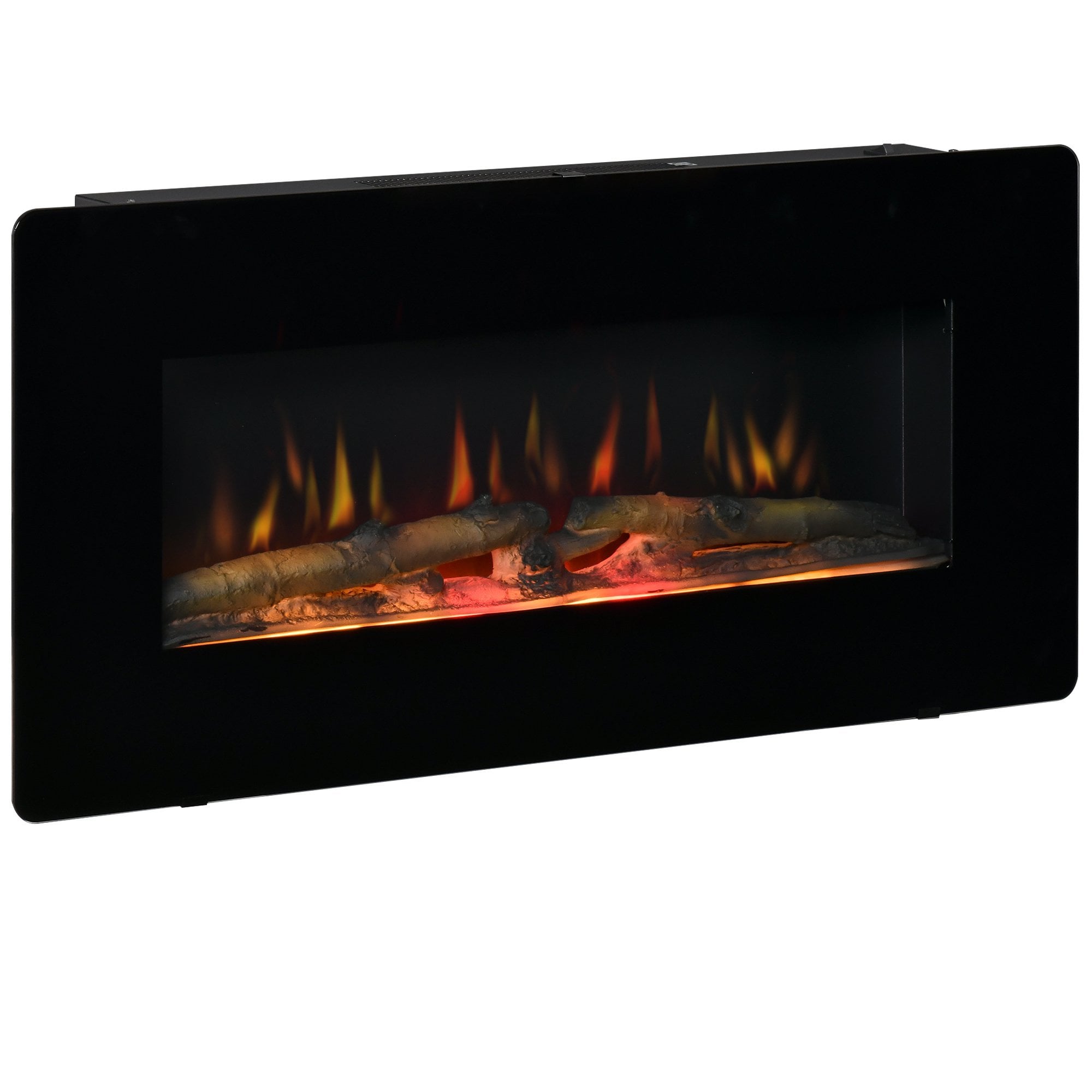HOMCOM Electric Wall-Mounted Fireplace Heater with Adjustable Flame Effect - Remote Control - Timer - 1800/2000W - Black Wall-Mount W/ Effect Control