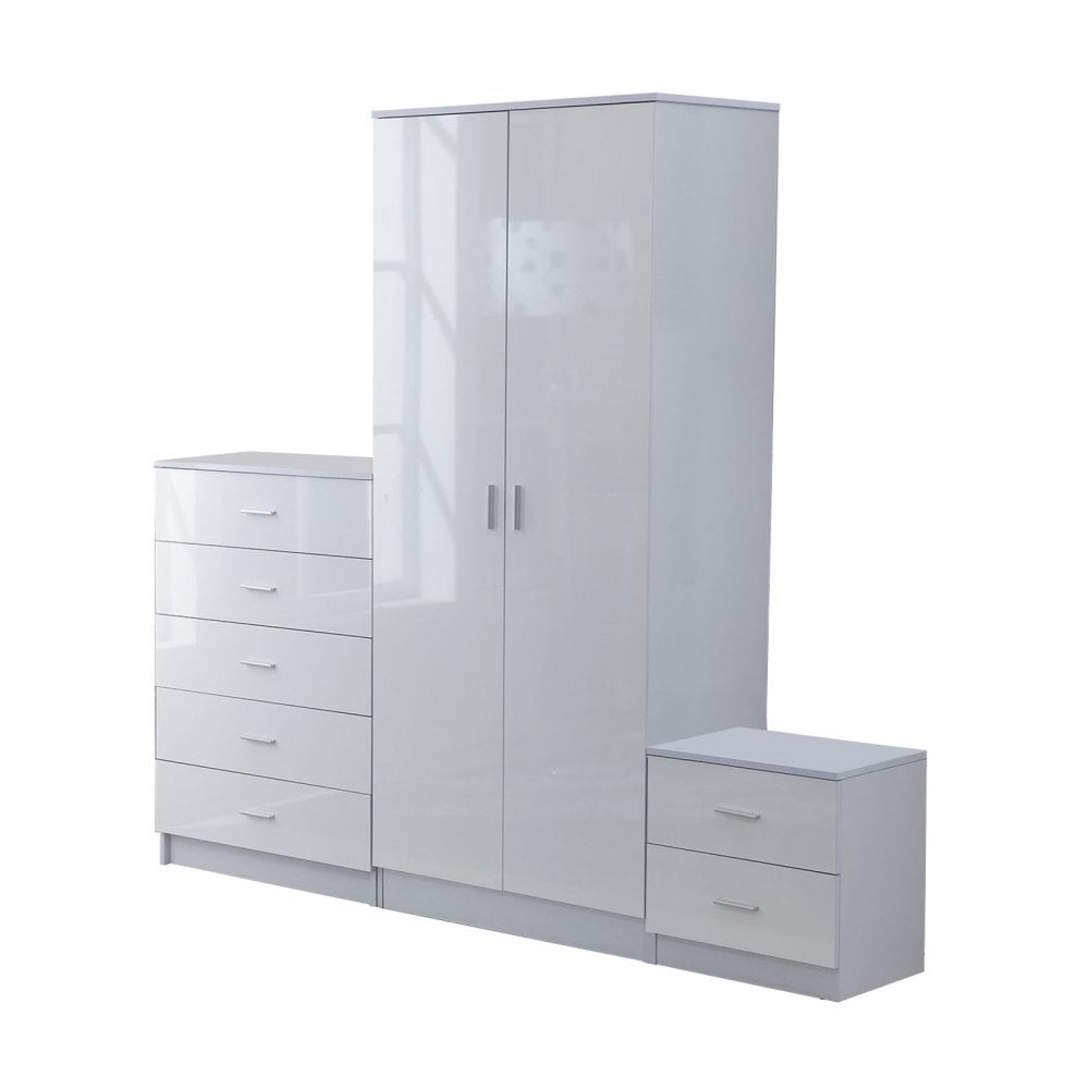 Tall White High Gloss Wardrobes 3 Pc Home Furniture Set Chest Bedside Table 7 Drawer - Home Living  | TJ Hughes