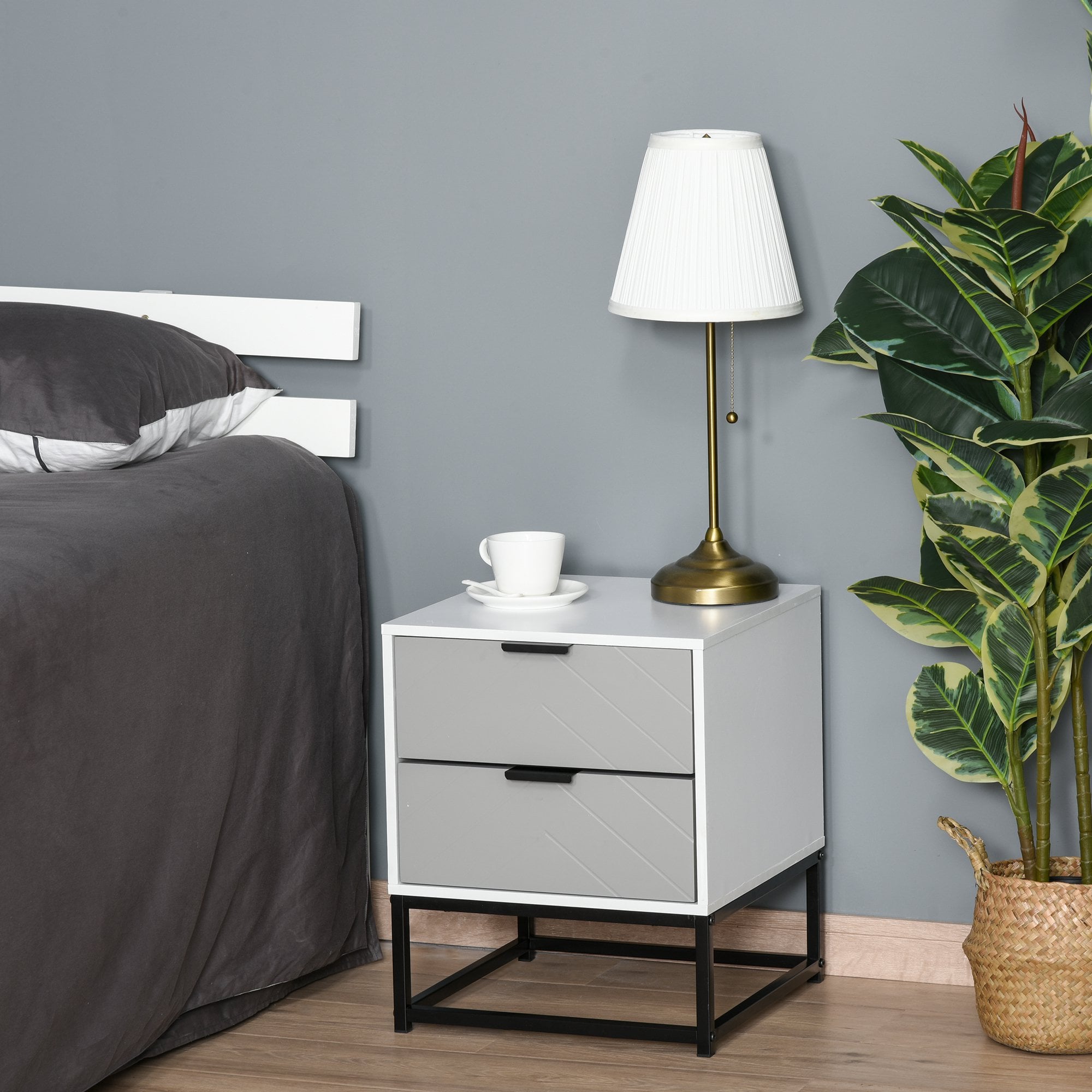 Bedside Cabinet with 2 Drawer Storage Unit - Unique Shape Bedroom Table Nightstand with Metal Base - for Living Room - Study Room - Dorm Unit and Base