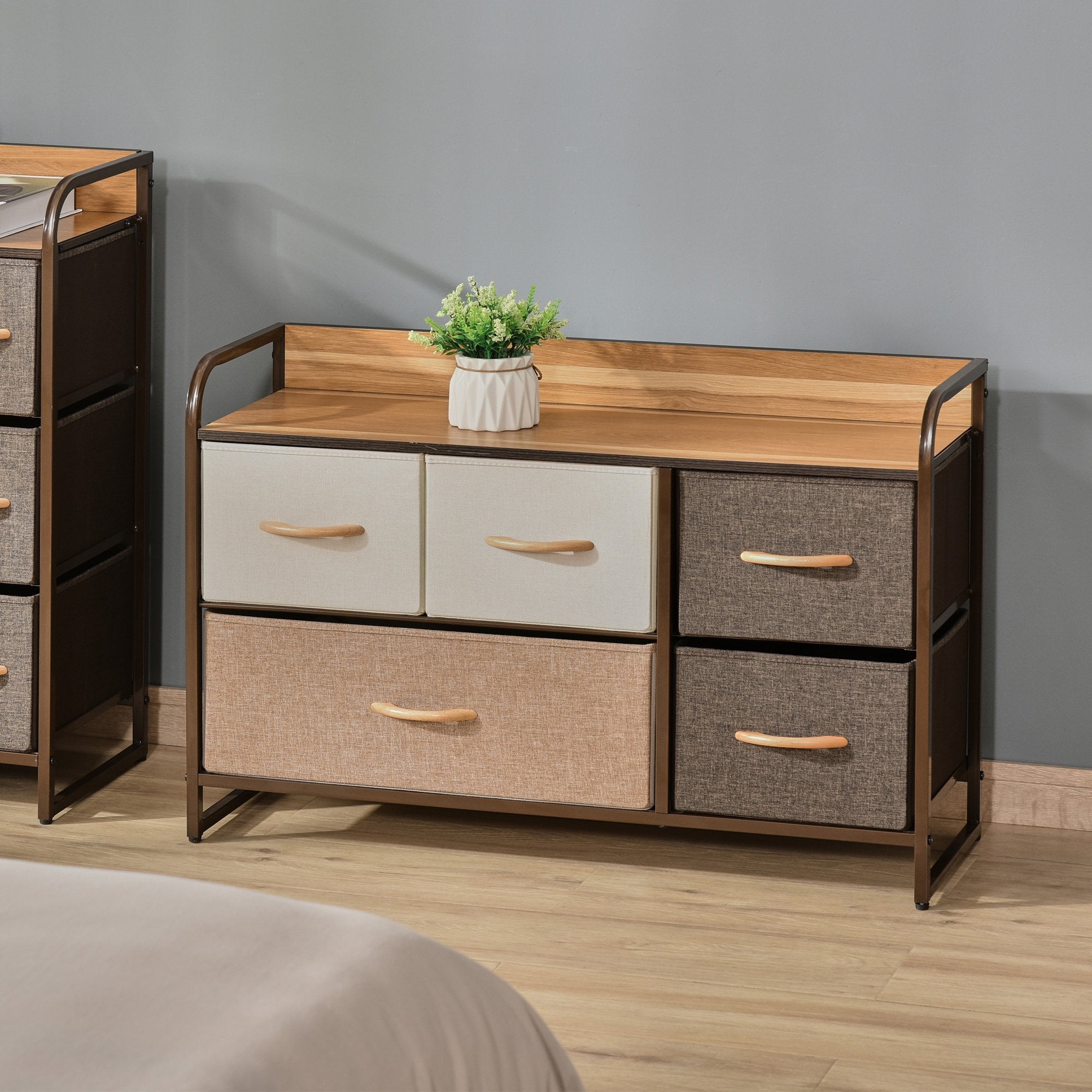 5-Drawer Dresser - Linen Fabric Chest of Drawers - Dresser Tower Unit for Bedroom Hallway Entryway - Storage Organizer with Steel Frame Wooden Top Dra