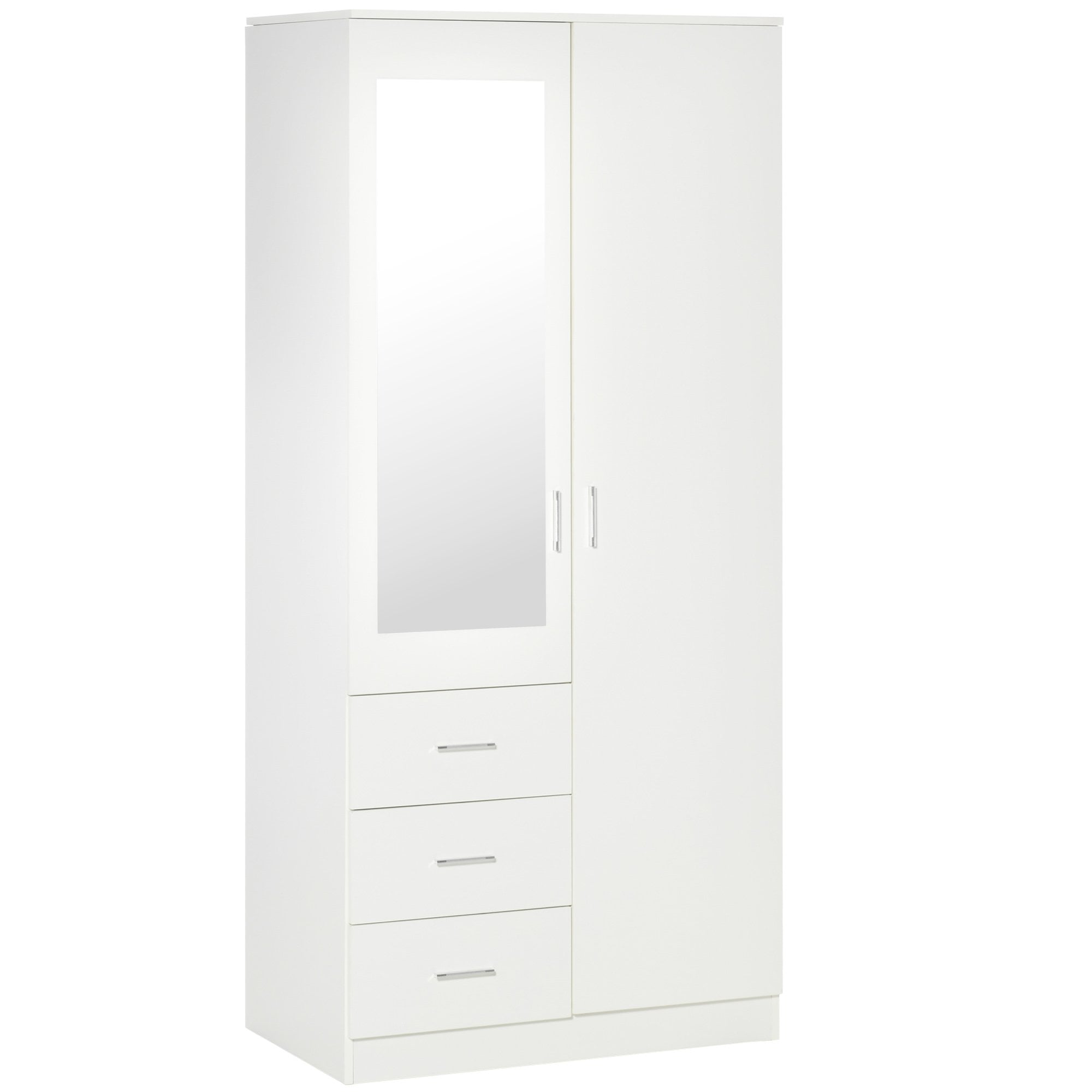 Modern Mirror Wardrobe 2 Door Storage Cupboards Home Storage Organisation Furniture with Adjustable Shelf - Hanging Rail and 3 Drawers - 180cm - White