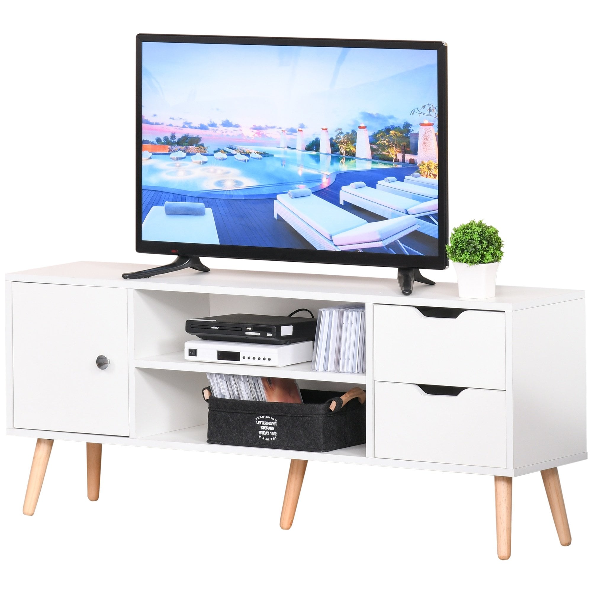 Modern TV Stand for TVs up to 42’’ Flat Screen - TV Console Cabinet with Storage Shelf - Drawers - Cable Hole - Home Entertainment Center - Living Roo