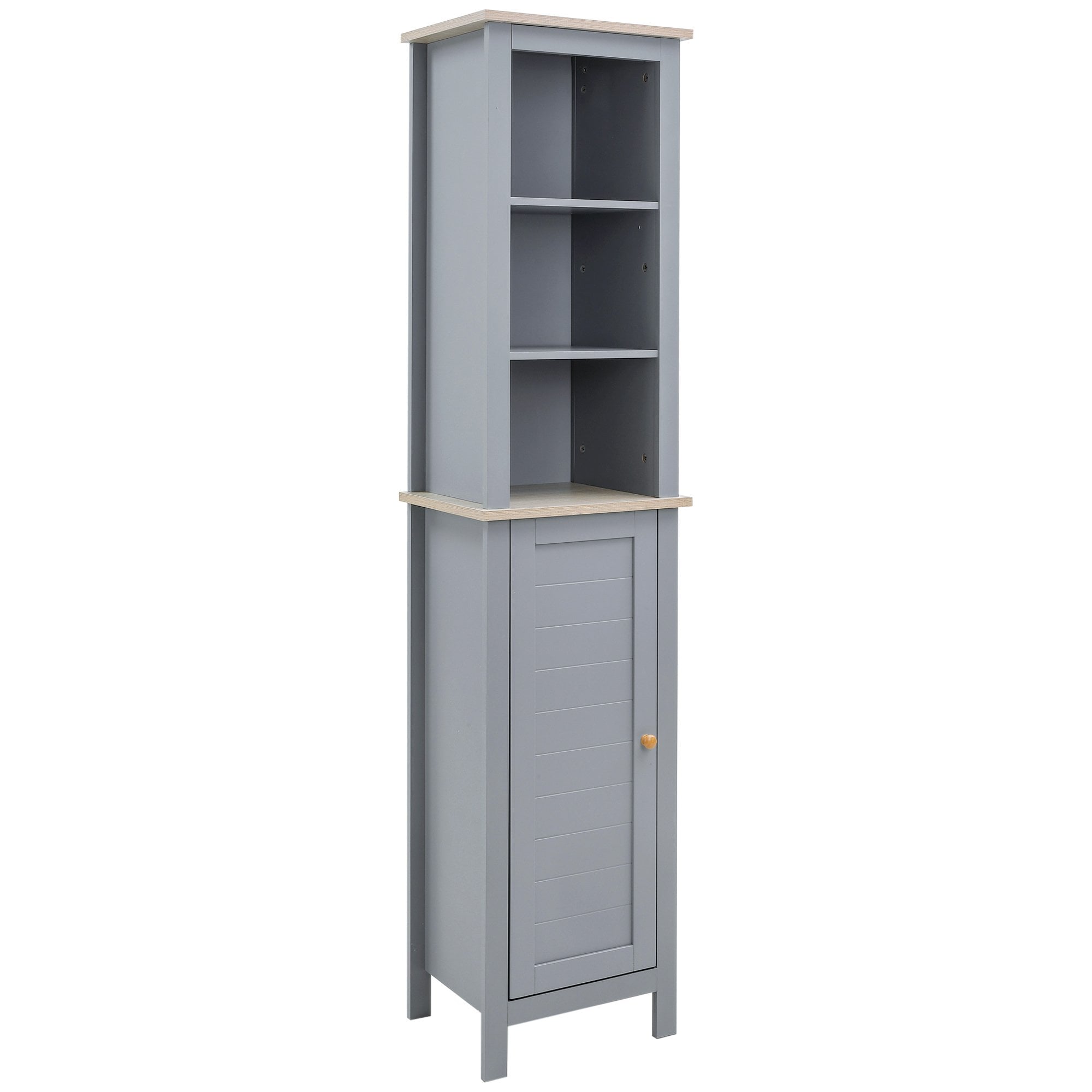 kleankin Bathroom Floor Storage Cabinet with 3 Tier Shelf and Cupboard with Door - Free Standing Linen Tower - Tall Slim Side Organizer Shelves - Grey