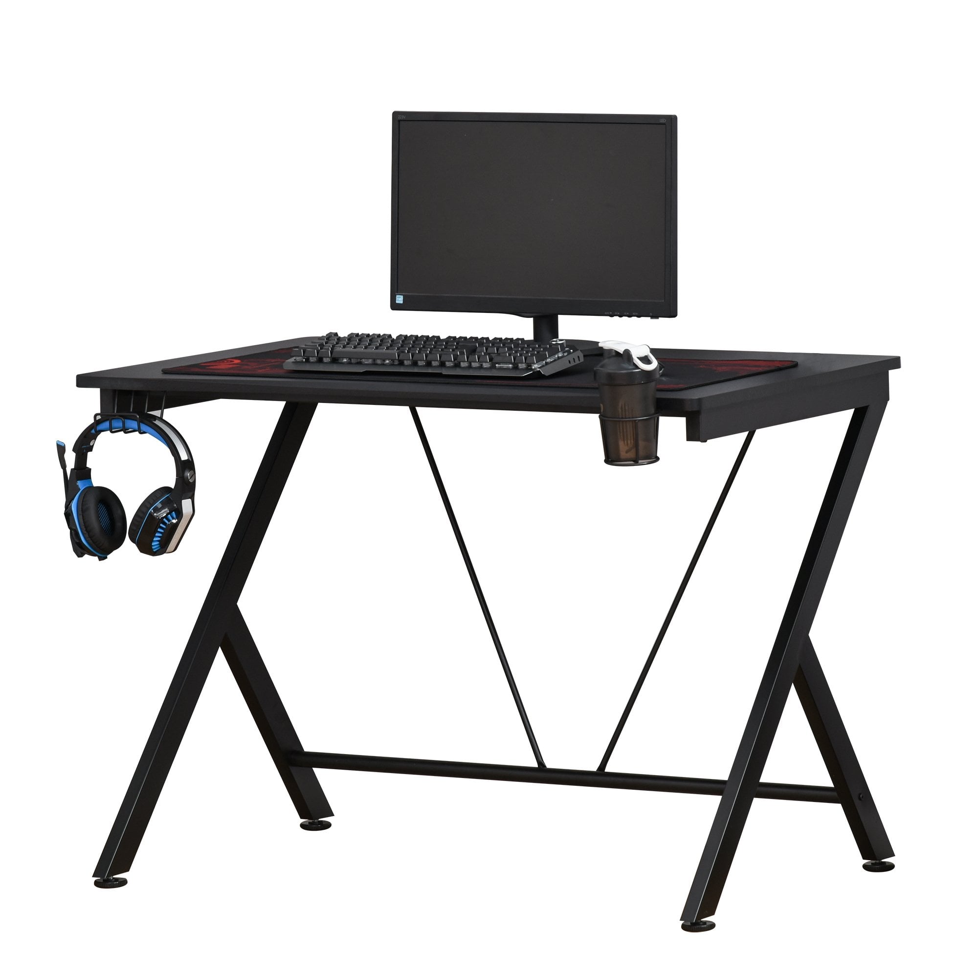 HOMCOM Gaming Desk Computer Table Metal Frame with Cup Holder - Headphone Hook - Cable Hole - Black  | TJ Hughes
