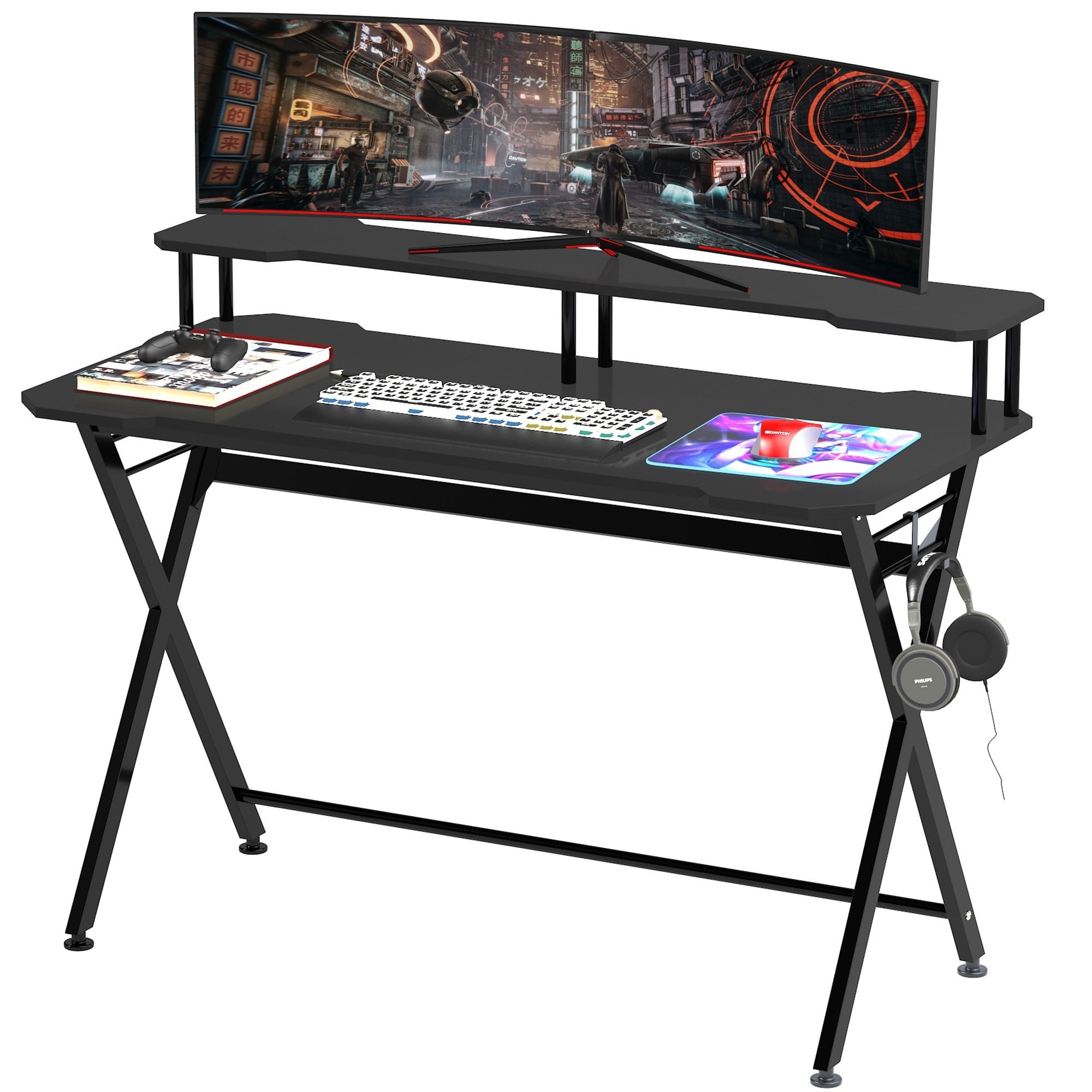 Gaming Computer Desk Writing Racing Table Workstation with Headphone Hook Curved Front Adjustable Feet for Home Office Use w/ - CARTER  | TJ Hughes