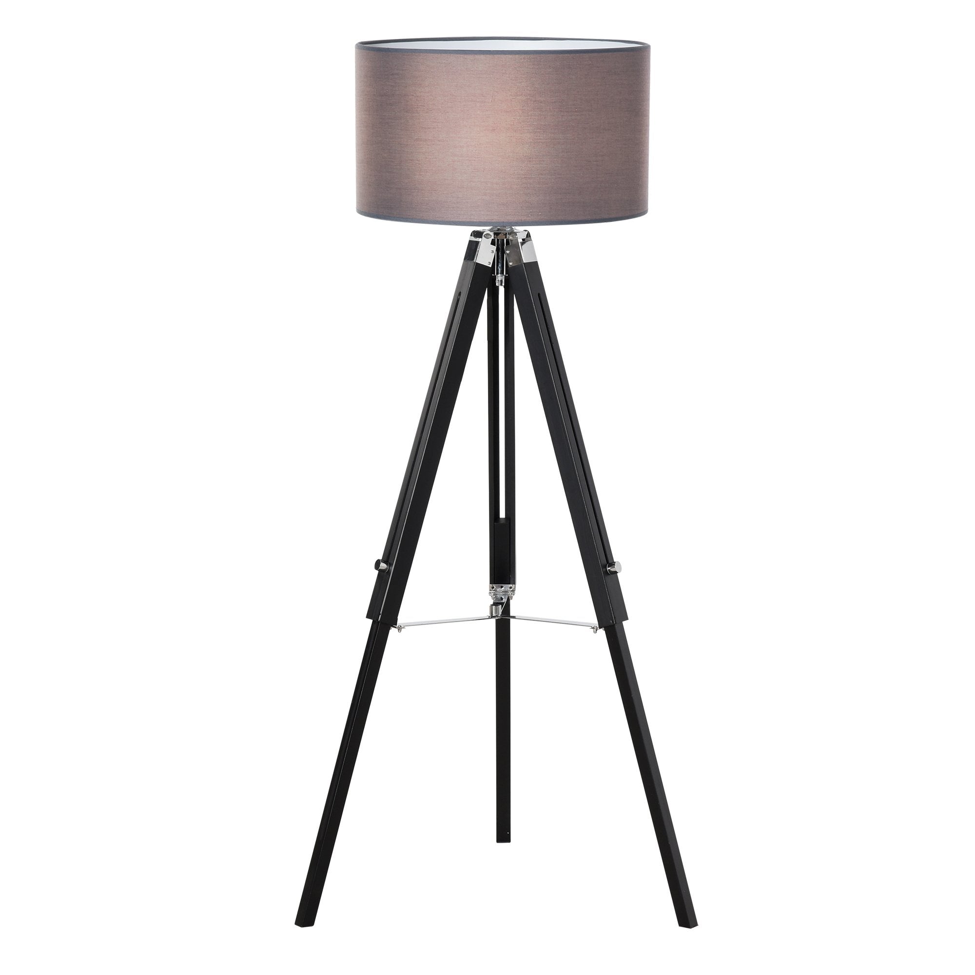 HOMCOM Modern Tripod Stand Floor Land Lamp with Wood Leg Adjustable Height Fabric Lampshade for Living Room - Bedroom - Office - Grey and Black Base