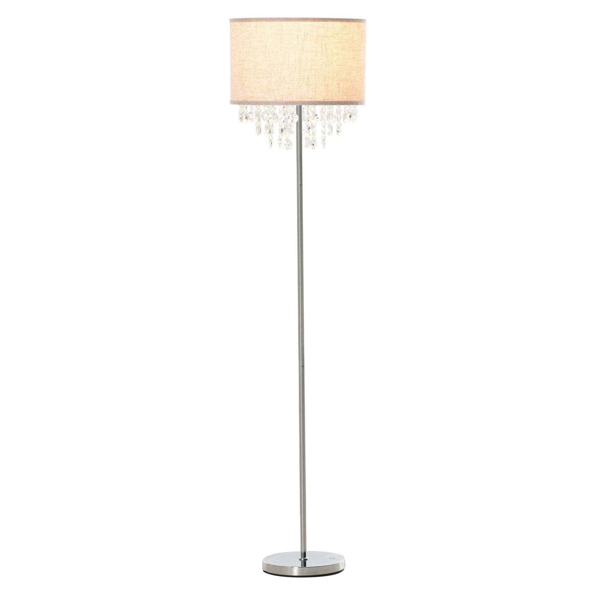 HOMCOM Modern Steel Floor Lamp with Crystal Pendant Fabric Lampshade Floor Switch - for Living Room - Entrance - Office - Silver and Cream White Shade